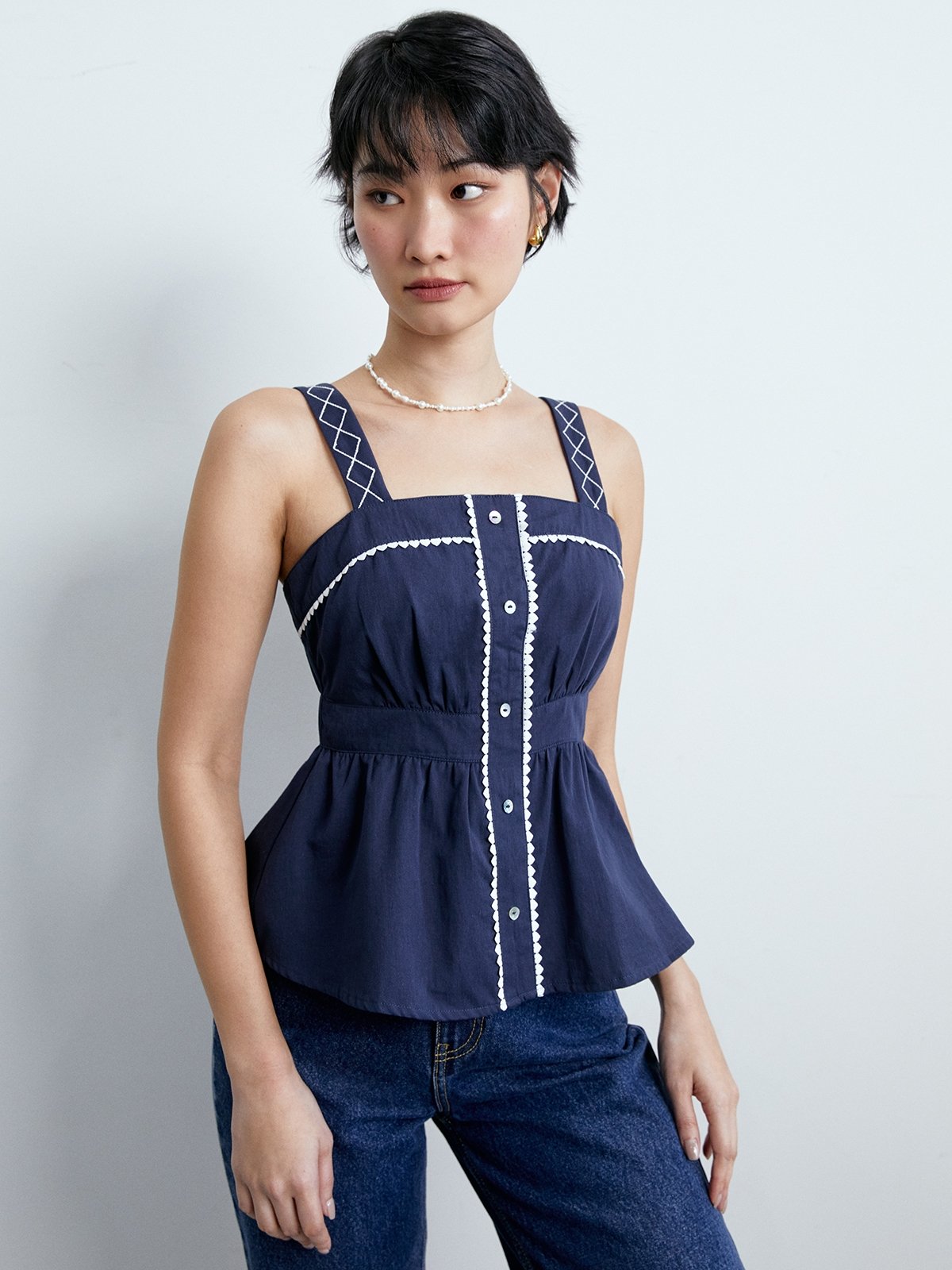 Navy blue ruffle blouse cheap