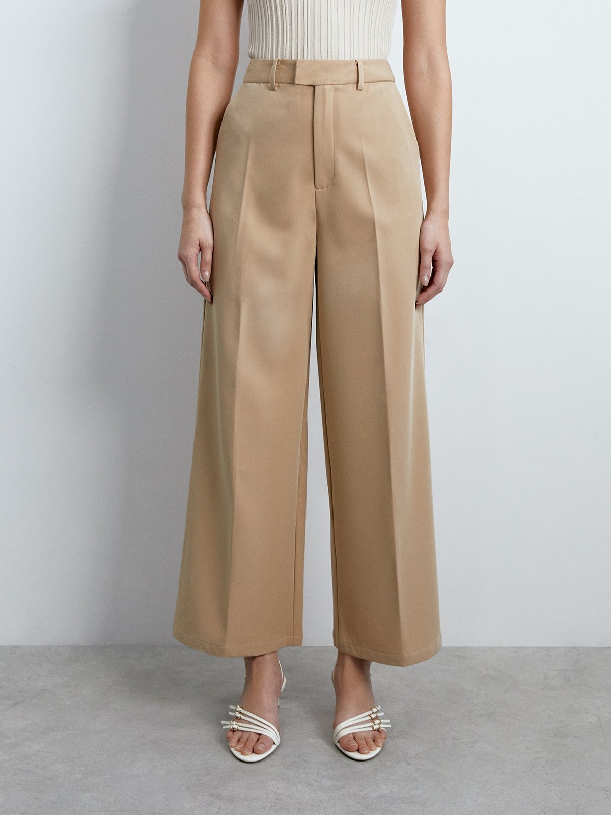 High Waist Wide Leg Long Pants Beige Pomelo Fashion