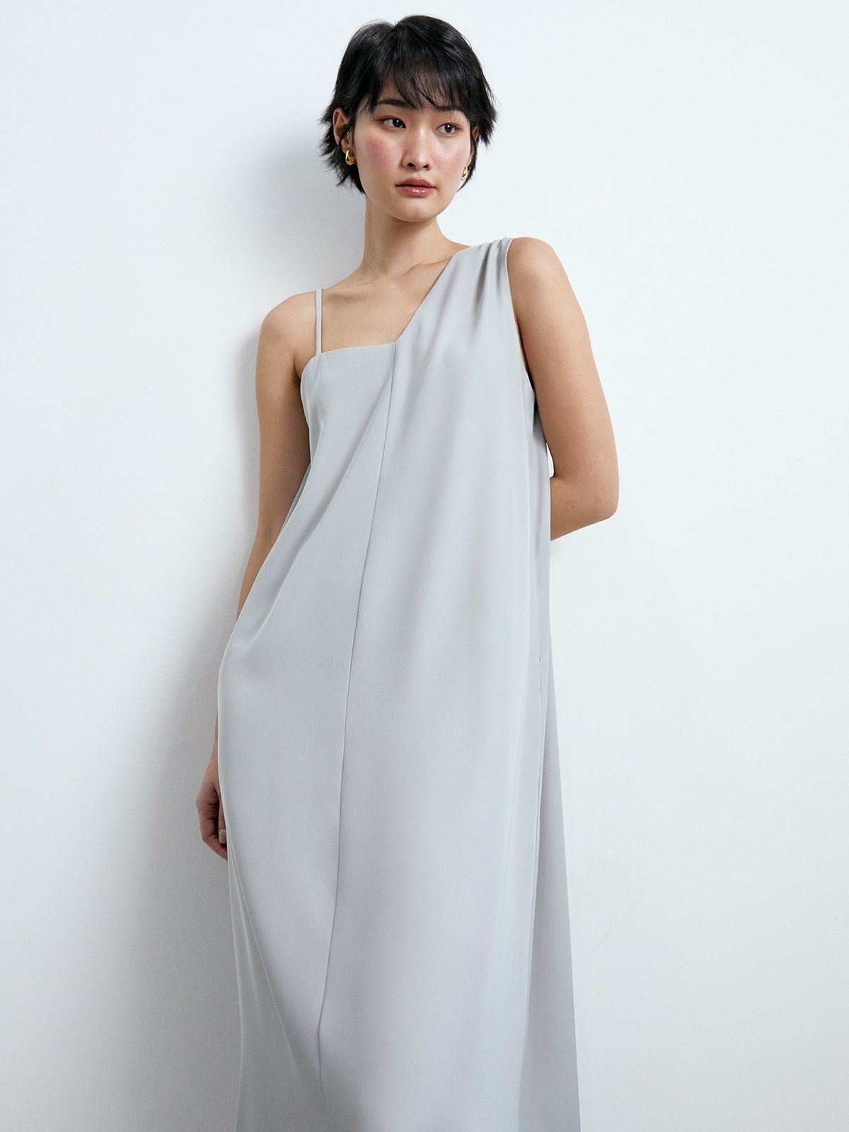 Flowy Cut Out Design Midi Dress Mid Grey Pomelo Fashion