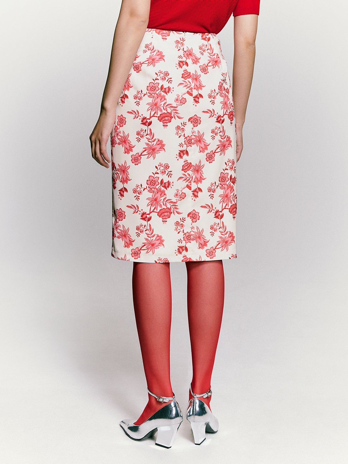 Floral Print Midi Skirt Red White Pomelo Fashion