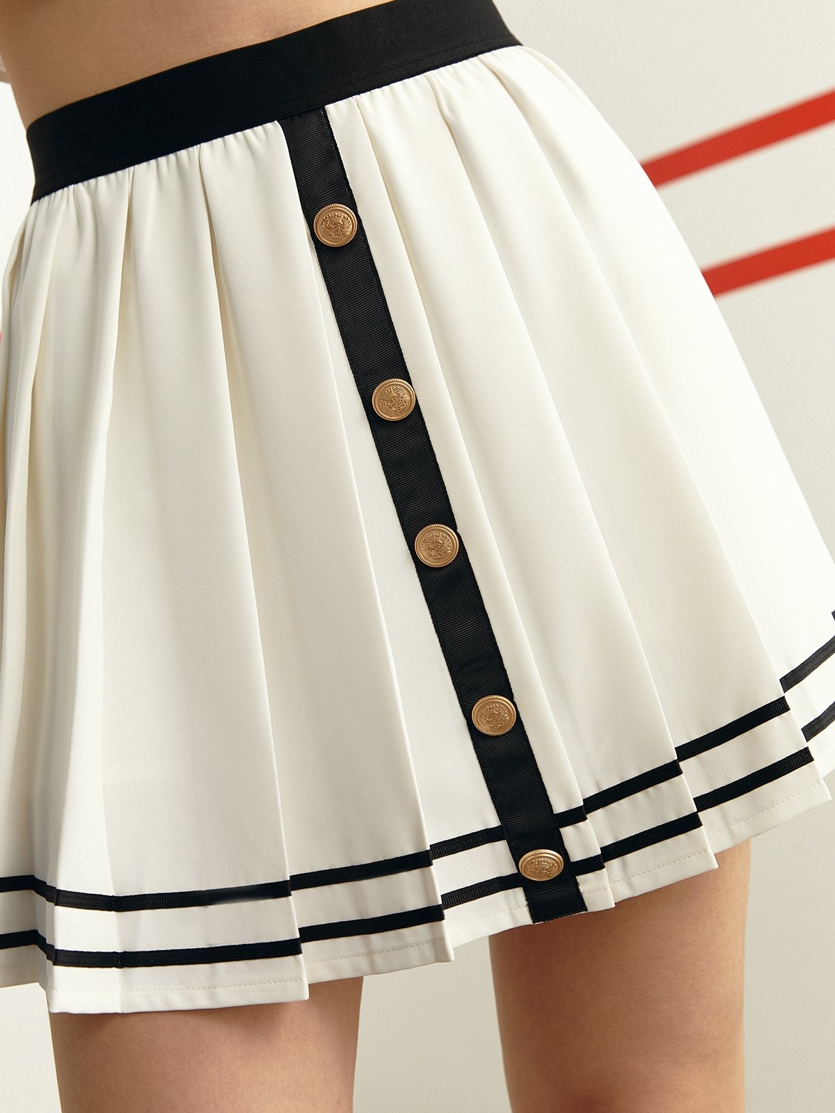 Button Detail Pleated Skirt White Pomelo Fashion