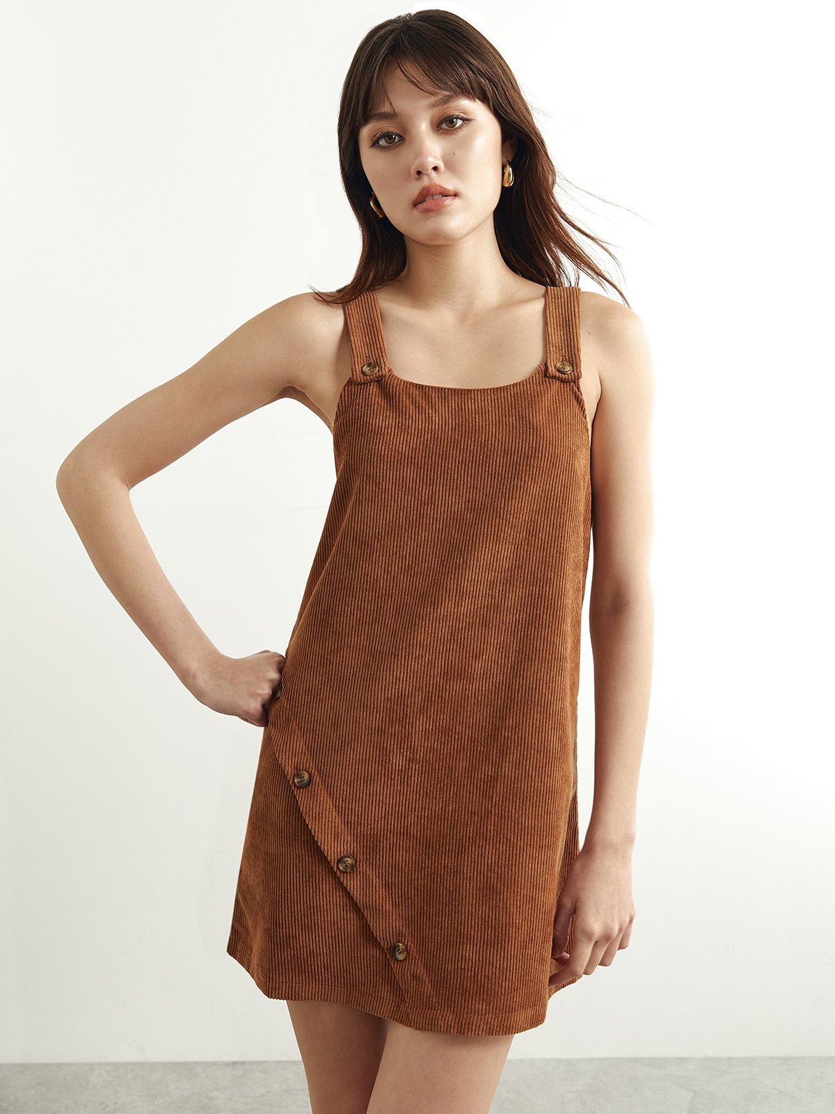 Button Detail Mini Dress Caramel Pomelo Fashion