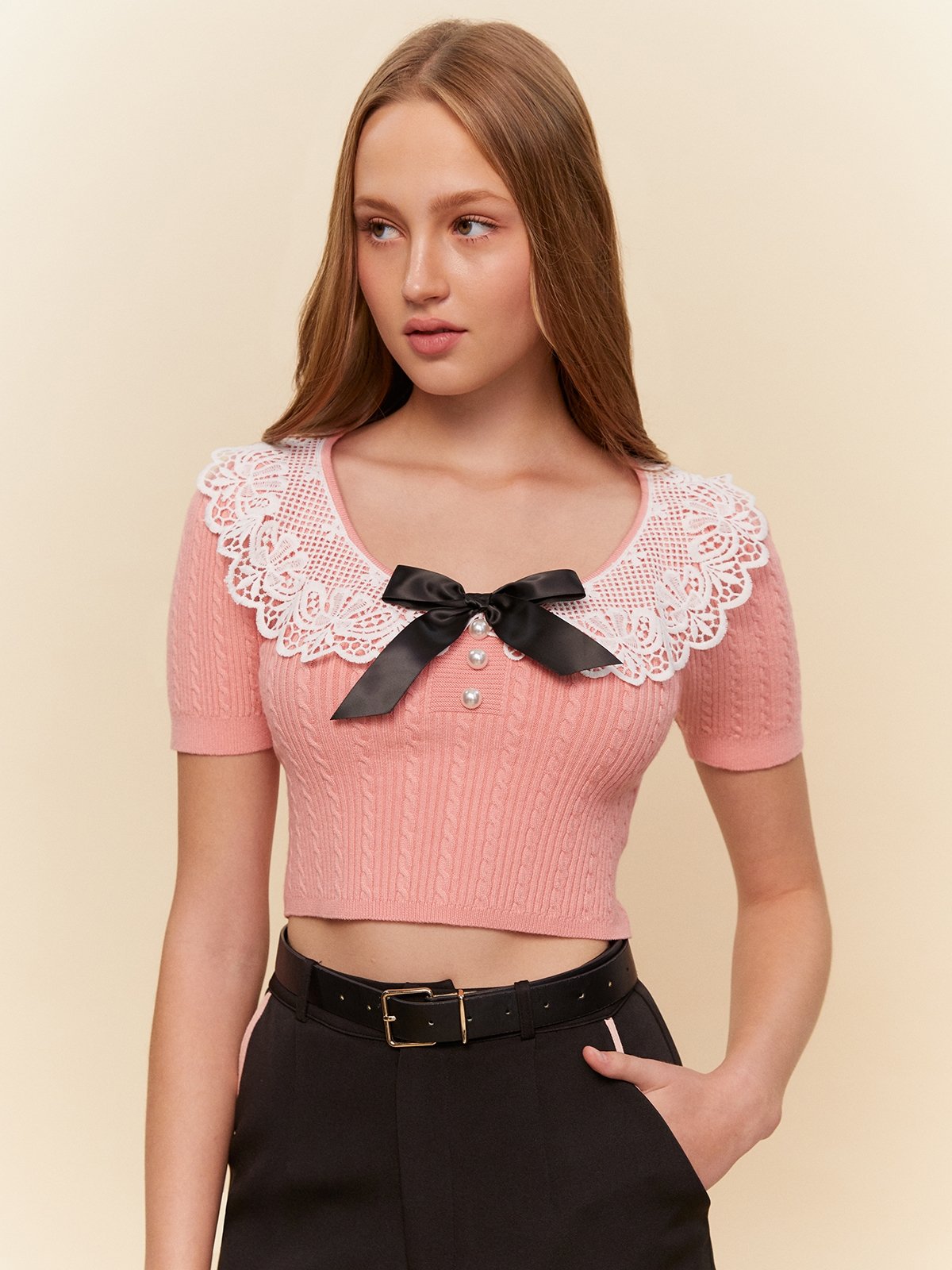 Knitted lace detail blouse pink pomelo fashion