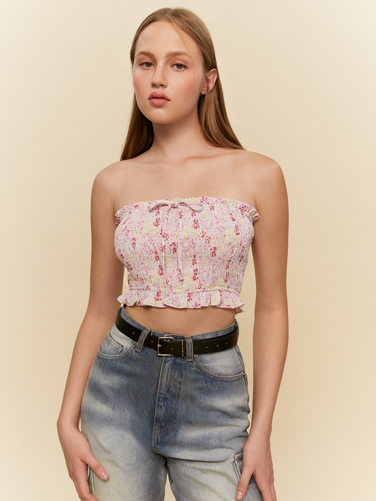 Ruched Detail Tube Top Pink Pomelo Fashion