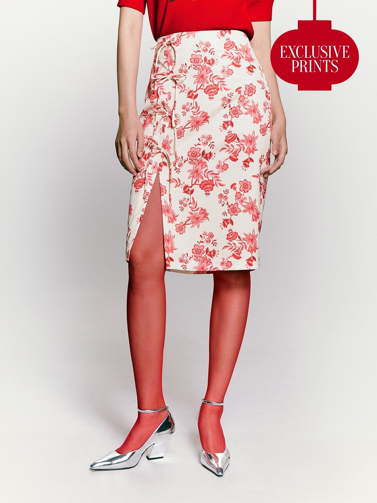 Floral Print Midi Skirt Red White Pomelo Fashion