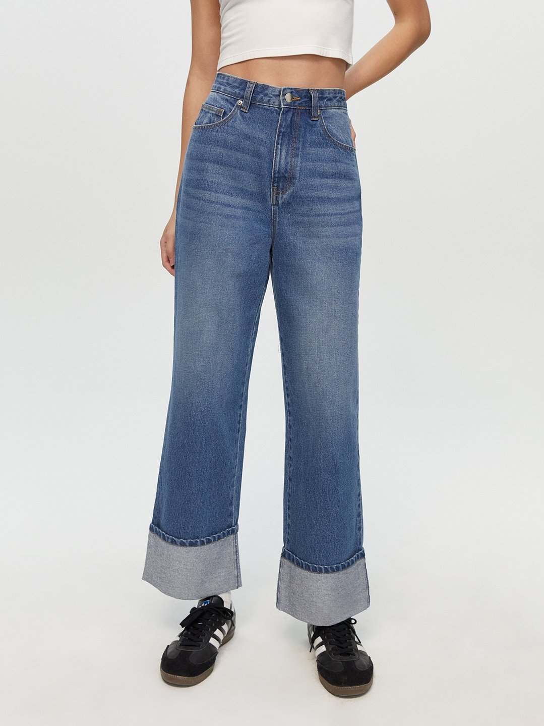 High Waist Straight Jeans - Blue - Pomelo Fashion