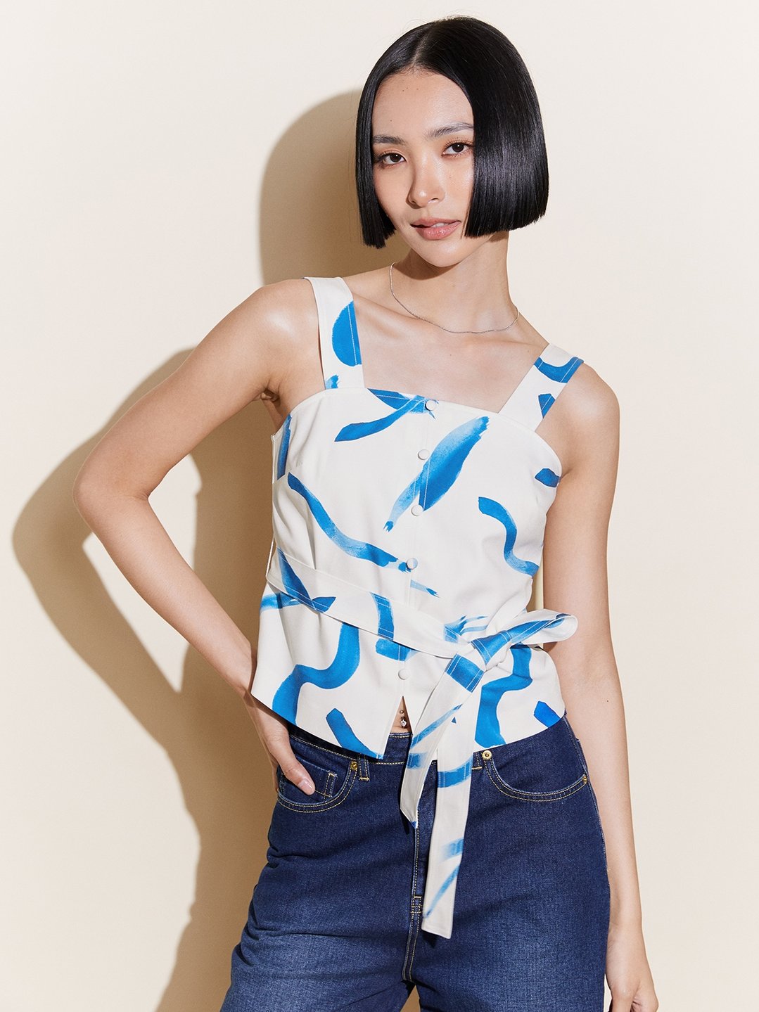Cami Tank Top with Tie Detail - Blue - Pomelo Fashion