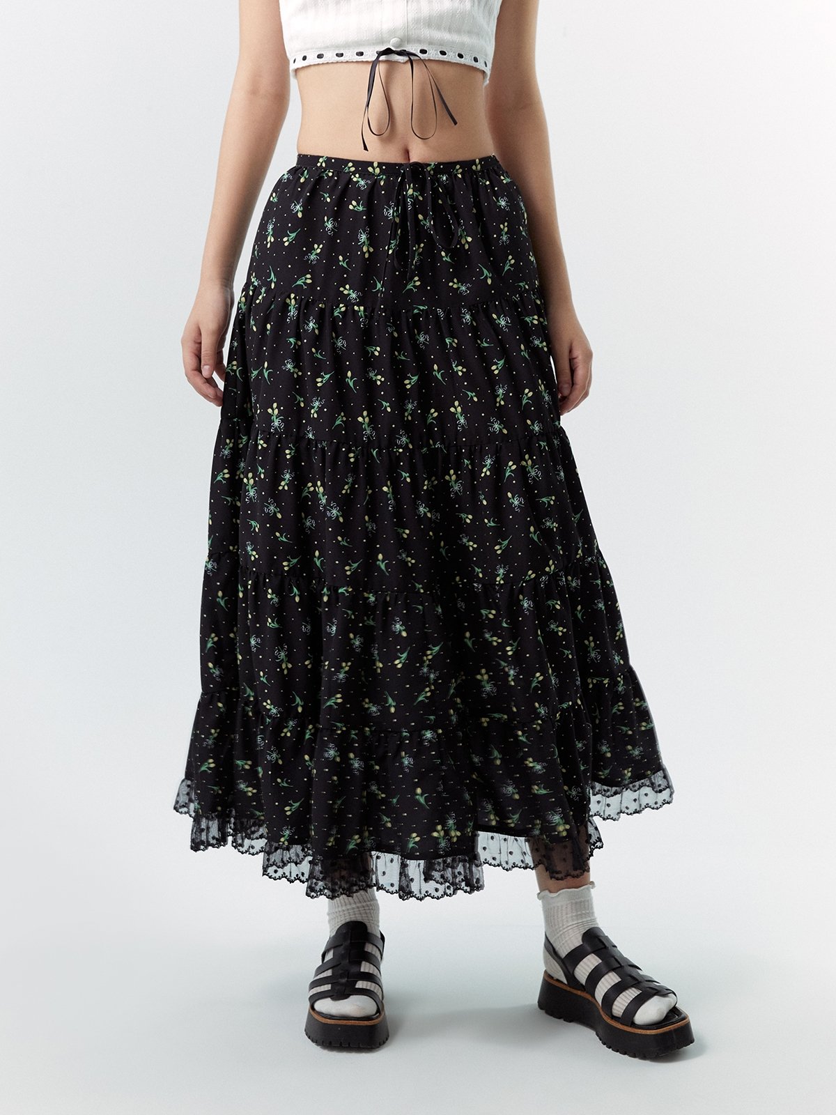 Floral Printed Flowy Maxi Skirt Black Pomelo Fashion