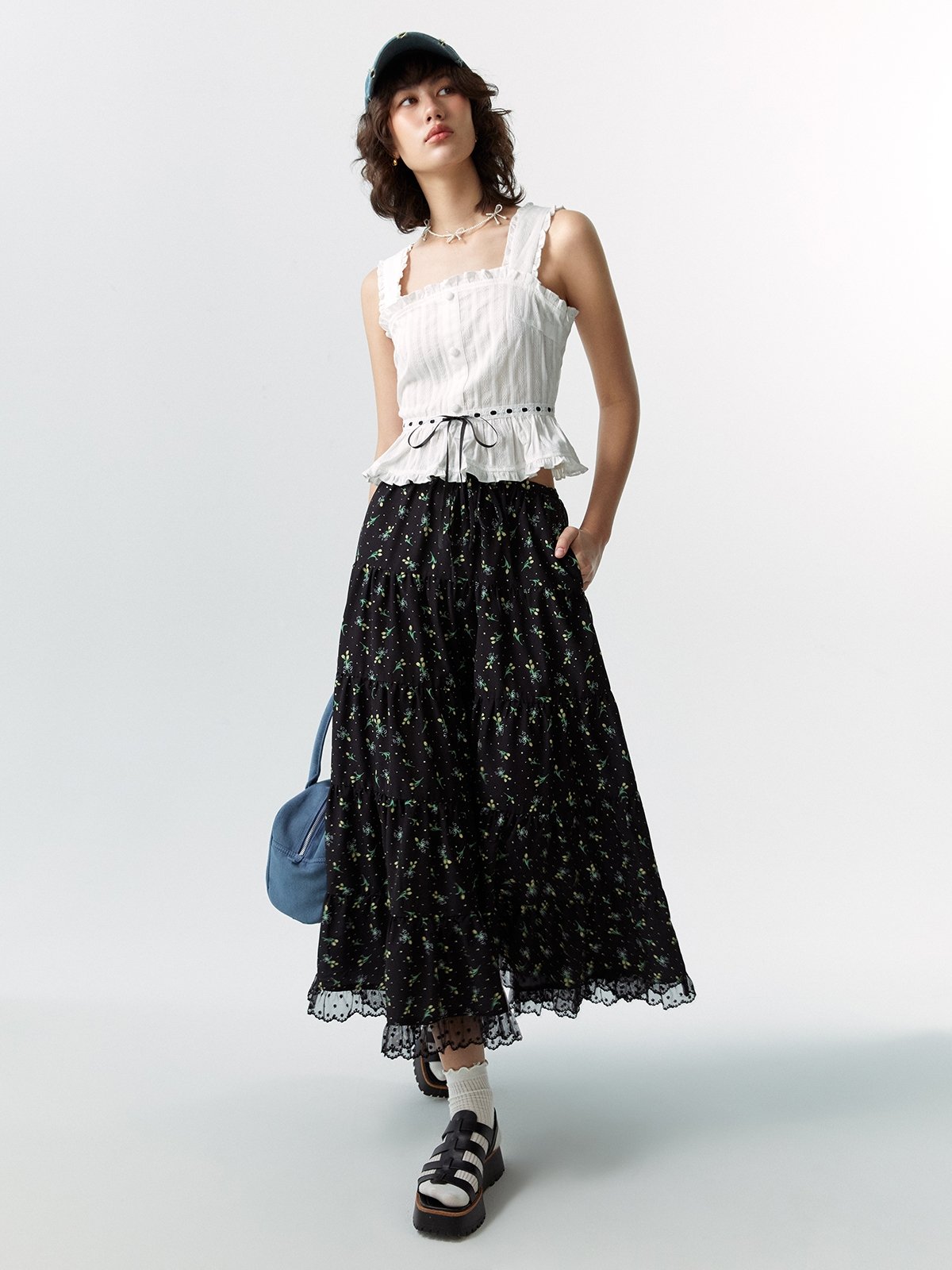 Floral Printed Flowy Maxi Skirt - Black - Pomelo Fashion
