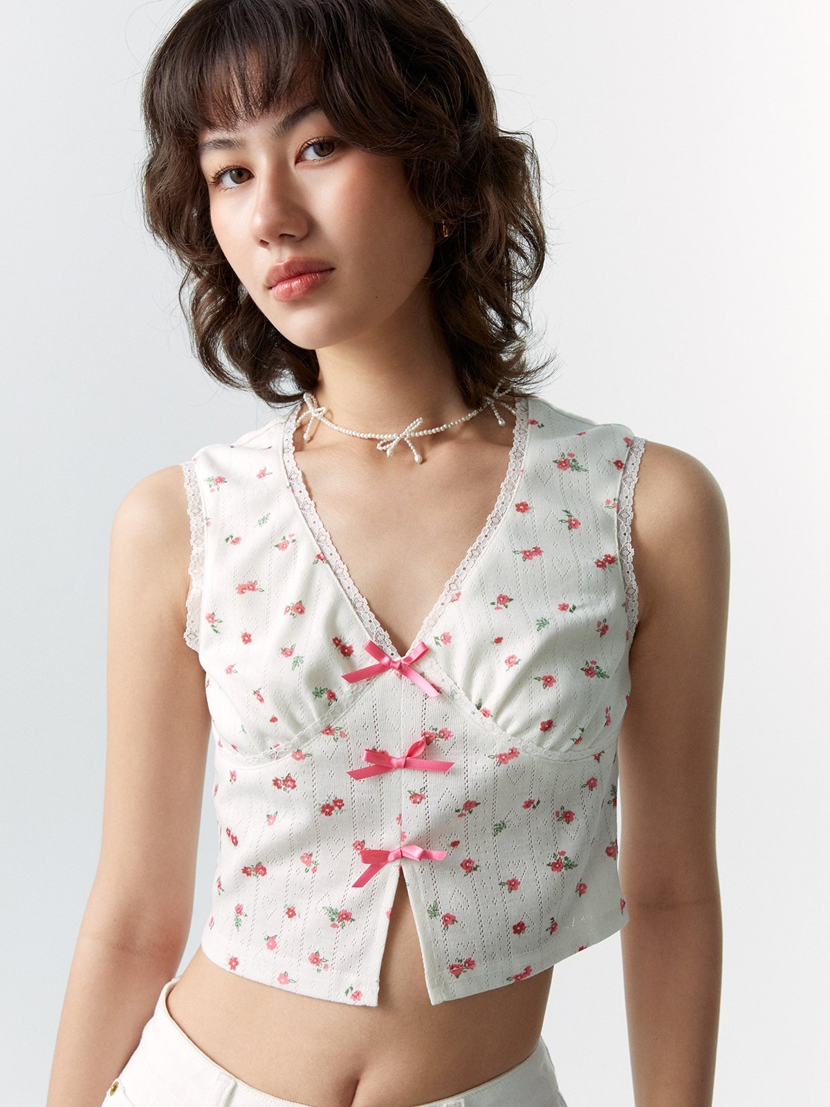Floral Print Tank Top White Pomelo Fashion
