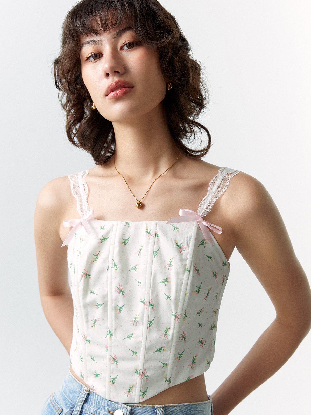 Floral Print Cami Top - Beige - Pomelo Fashion