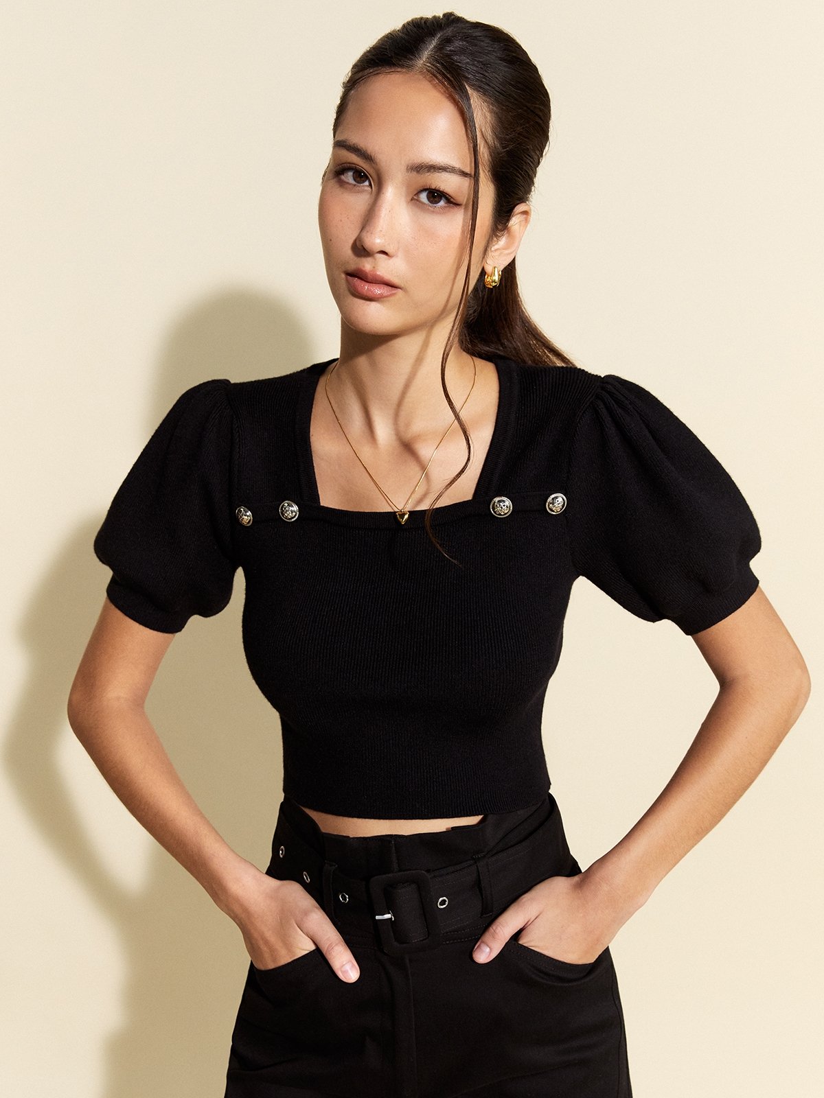 Puffed Sleeve Button Detail Knit Blouse - Black - Pomelo Fashion