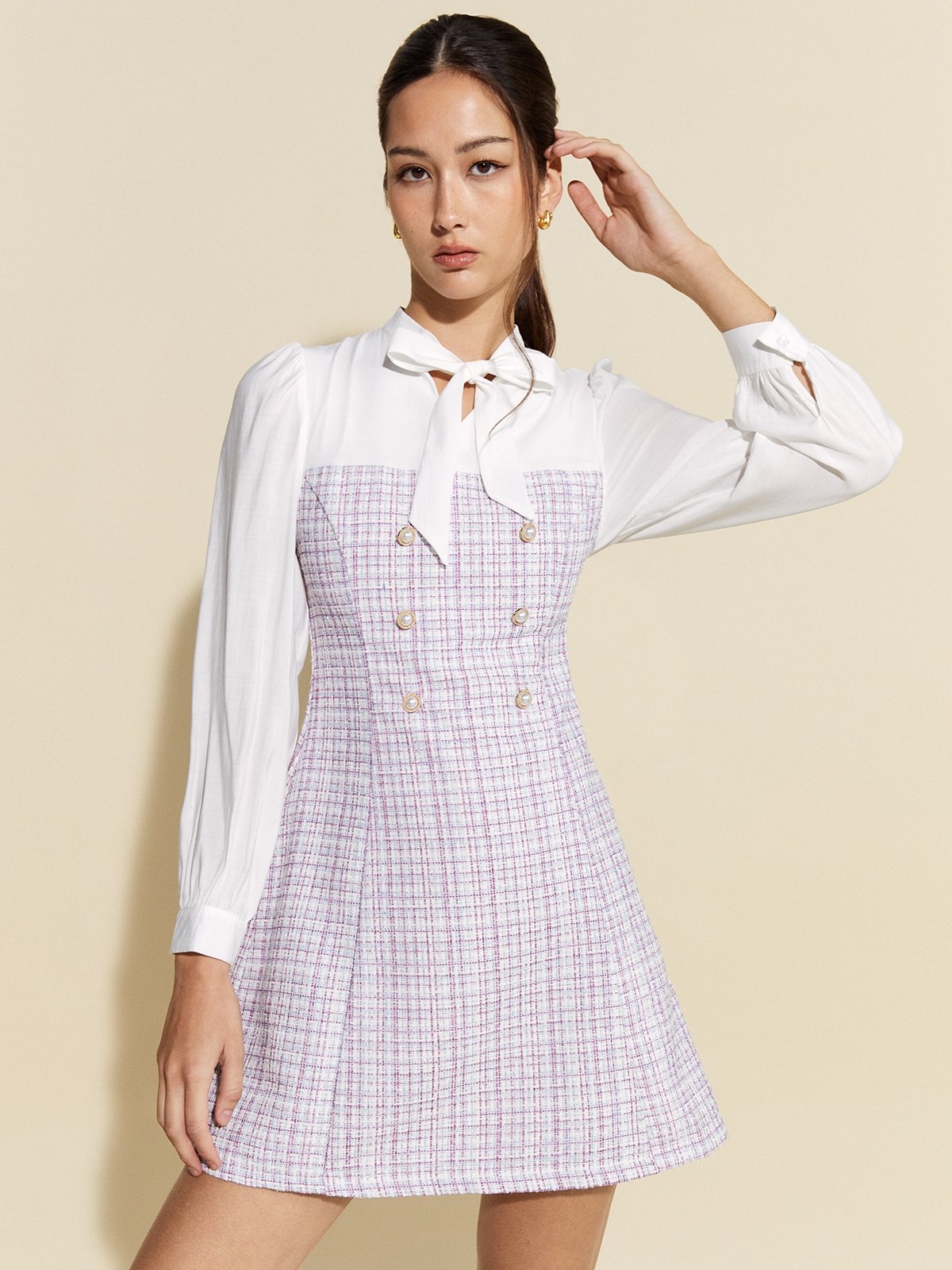 Bow Detail Tweed Mini Dress Lilac Pomelo Fashion