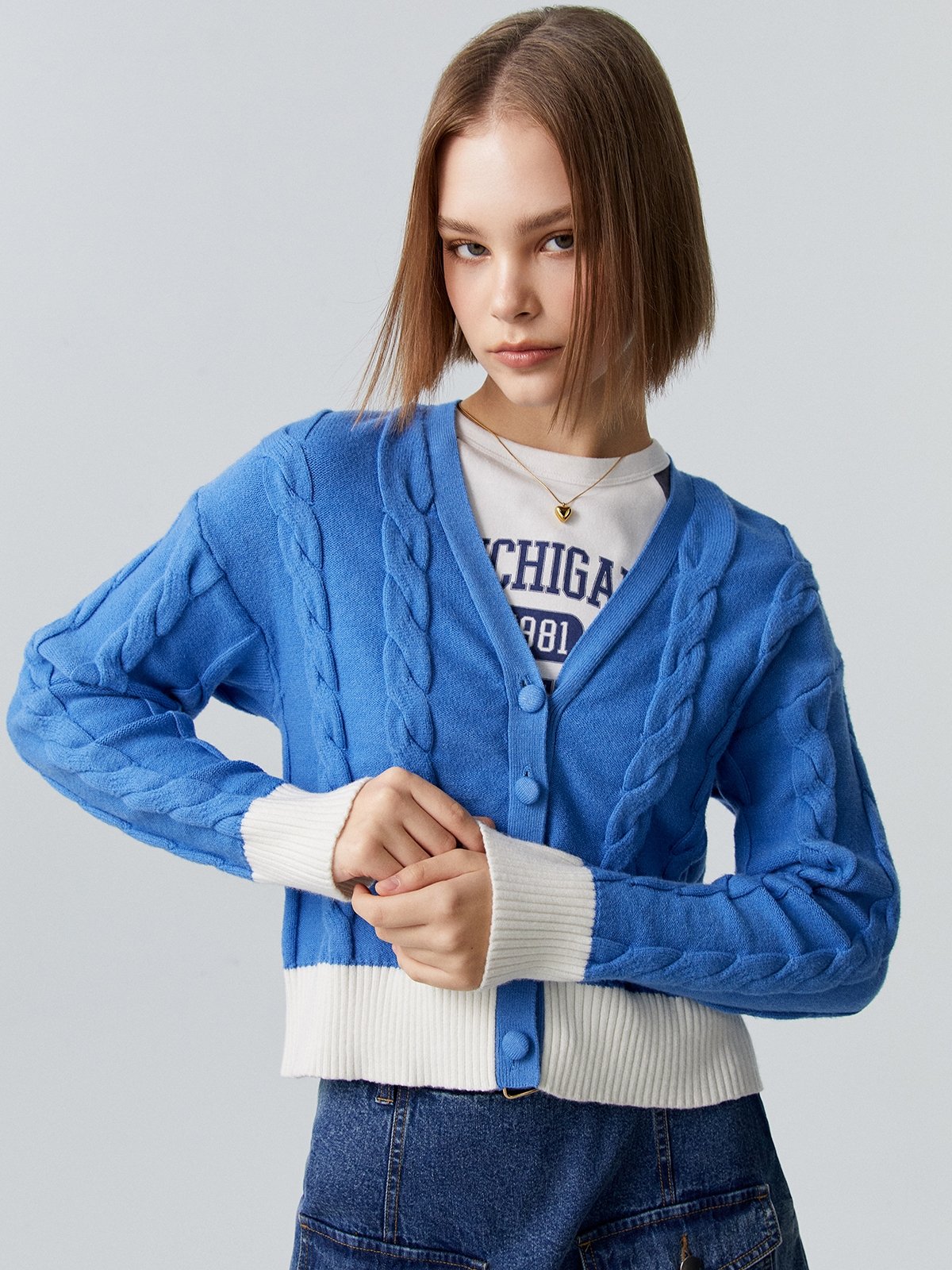 Blue cable knit cardigan clearance