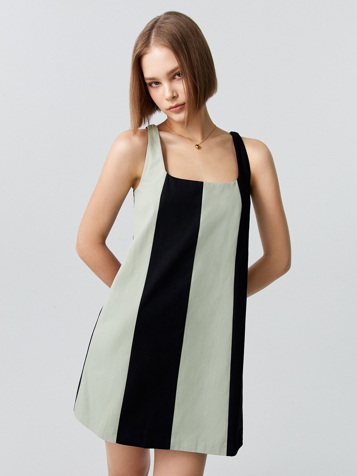Bow Detail Vertical Stripe Mini Dress Green Pomelo Fashion
