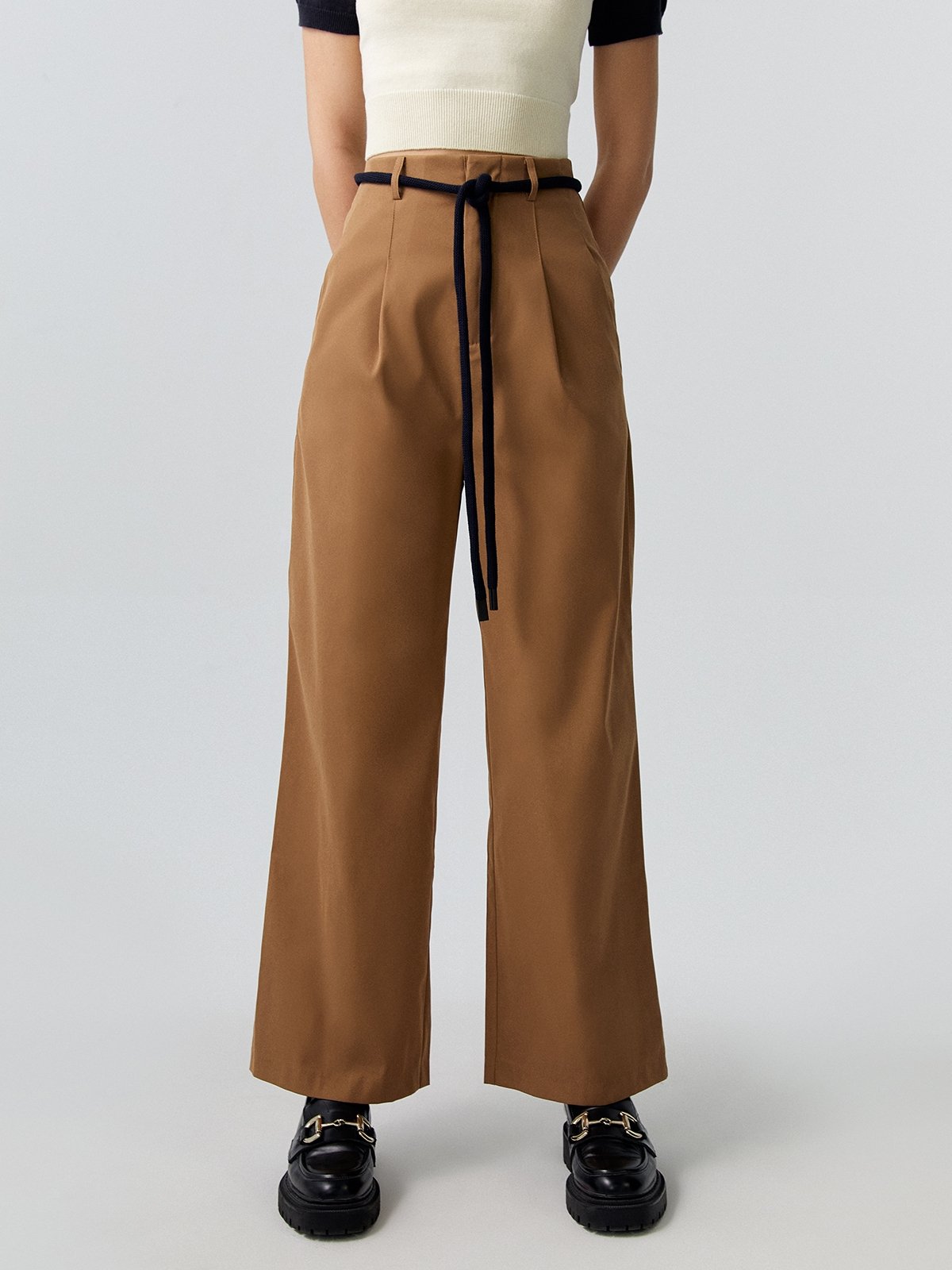 Rope Belt Detail Straight Trousers - Caramel - Pomelo Fashion