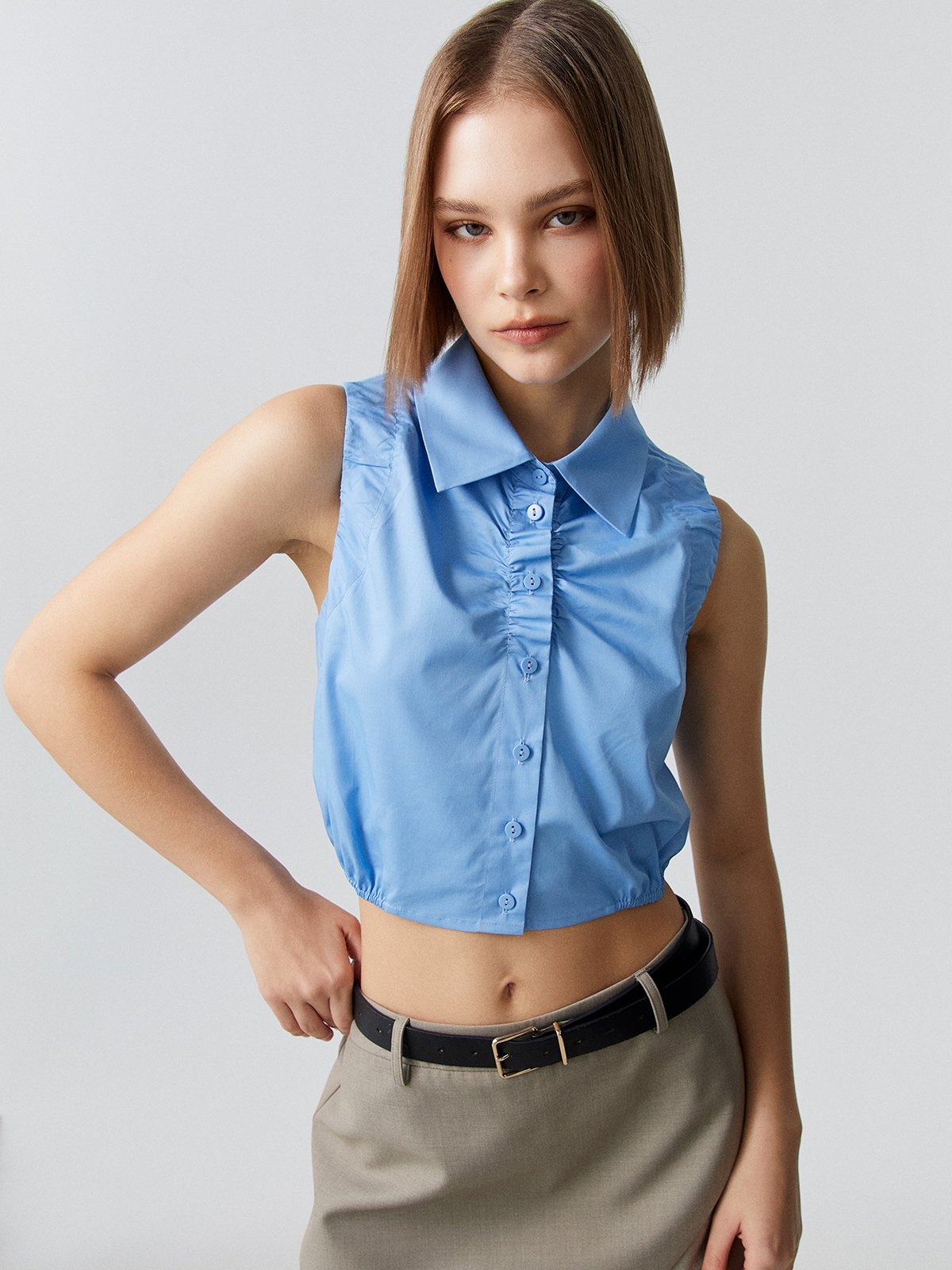 Polo Collar Sleeveless Tank Top Baby Blue Pomelo Fashion
