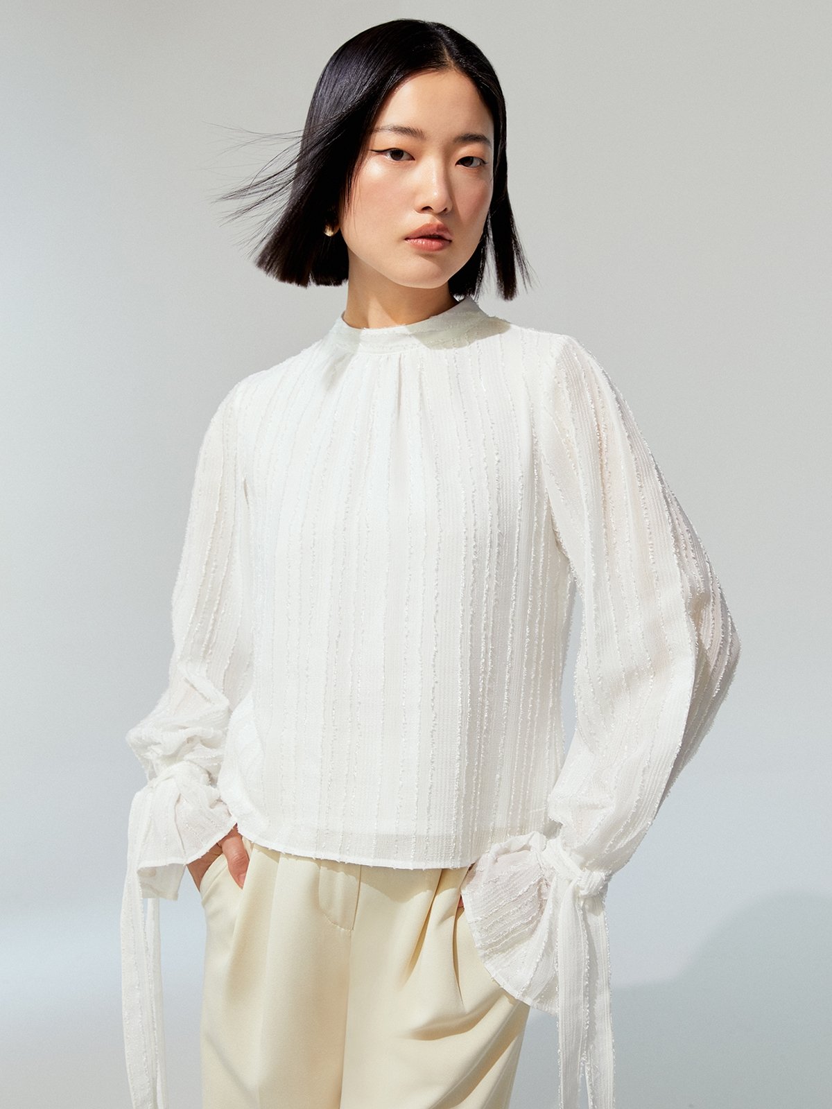 mandarin collar shirt with bow tie