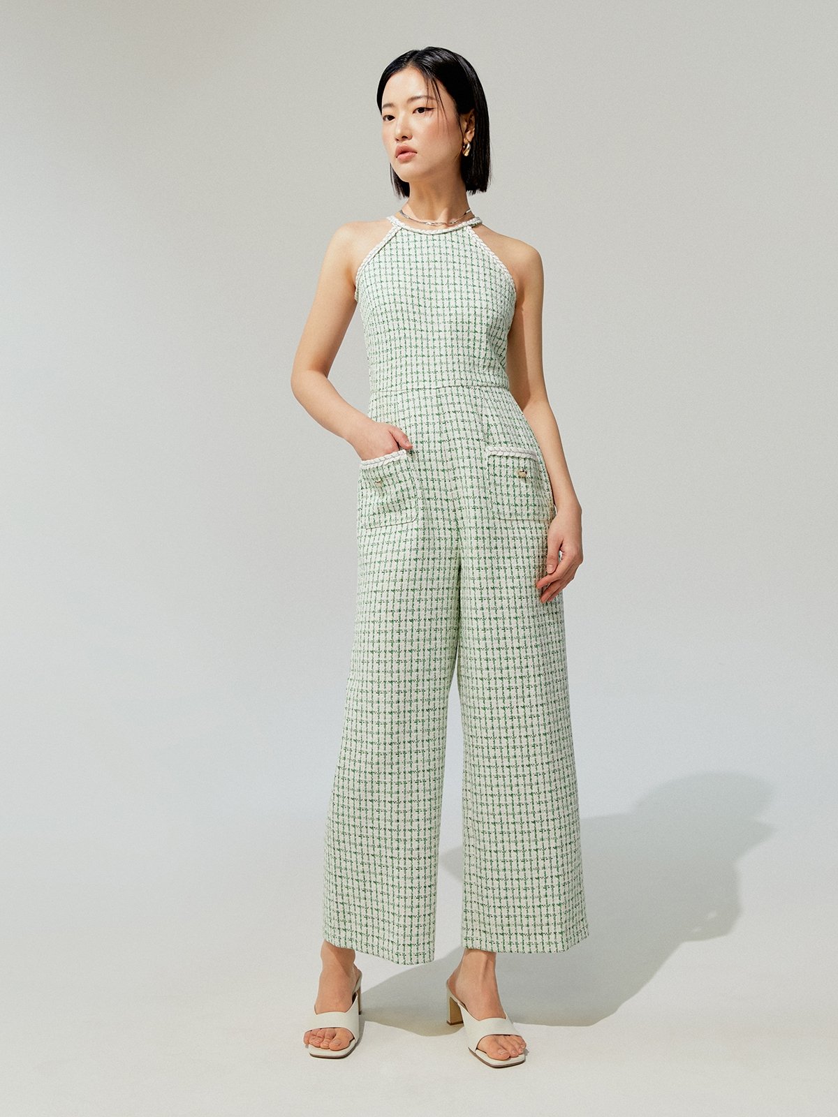 Windowpane Tweed Long Jumpsuits Green Pomelo Fashion