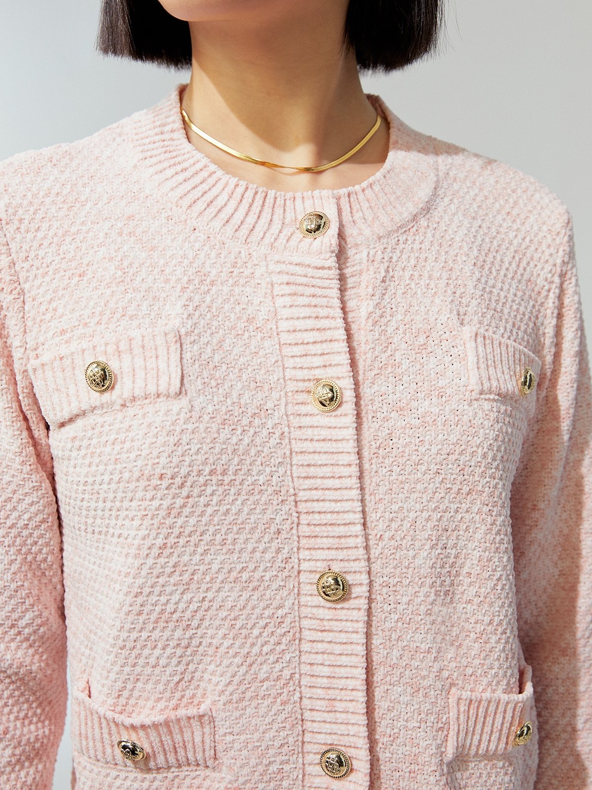Four Pockets Detail Button Up Tweed Cardigan - Light Pink Four Pockets Detail Button Up Tweed Cardigan - Light Pink
