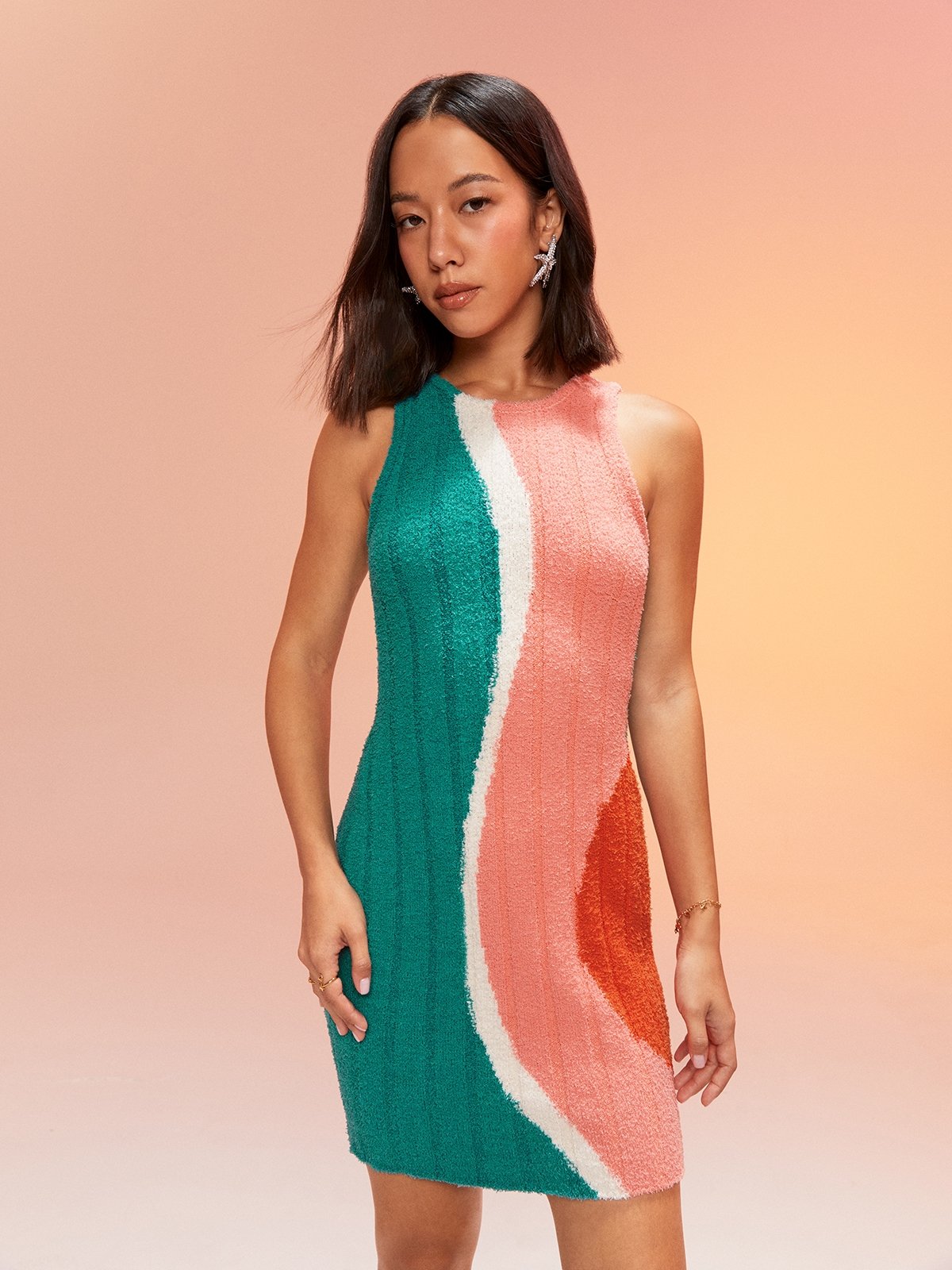 Vibrant Wave Pattern Knitted Mini Dress Green Pomelo Fashion vibrant-wave-pattern-knitted-mini-dress-green-pomelo-fashion