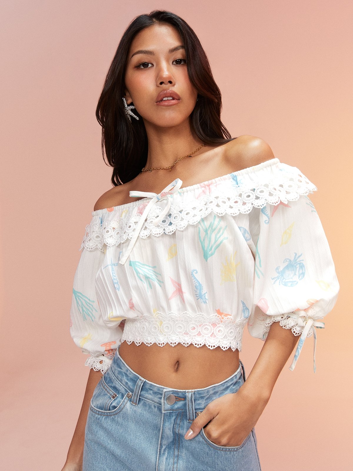 Underwater Printed Off Shoulder Lace Detail Blouse Multi Color Pomelo Fashion