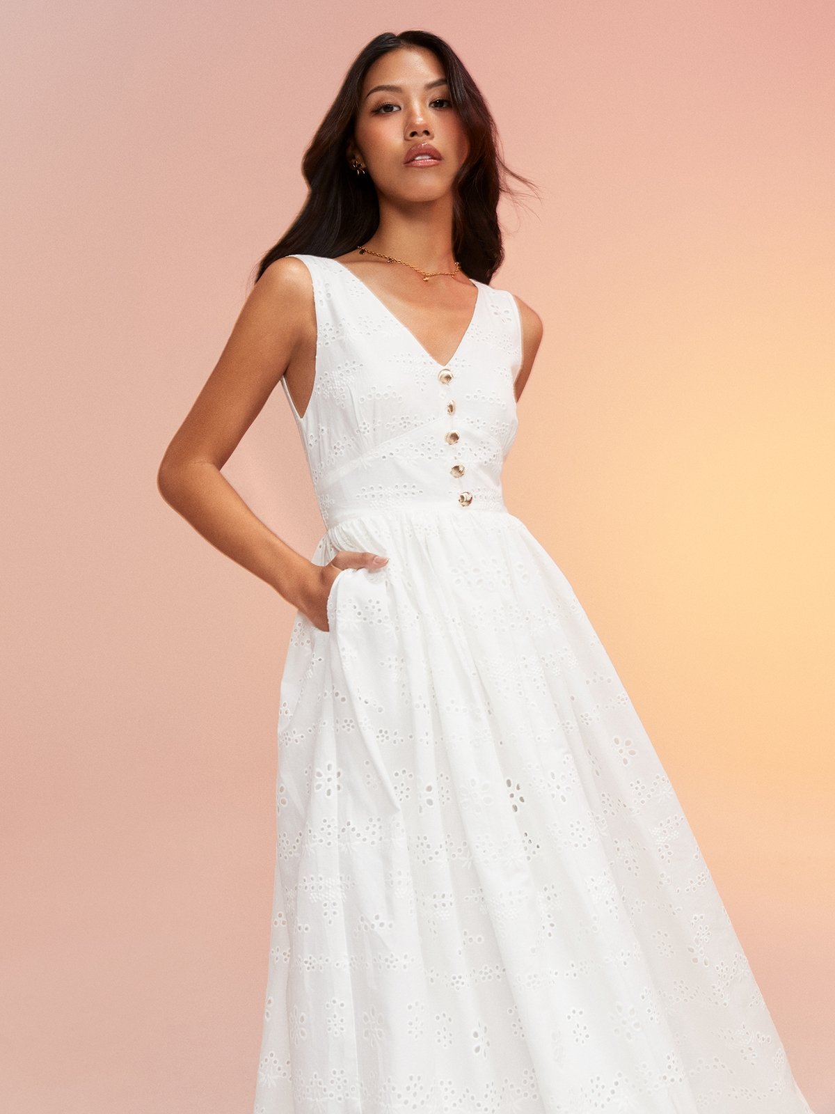 White midi dress with buttons on sale