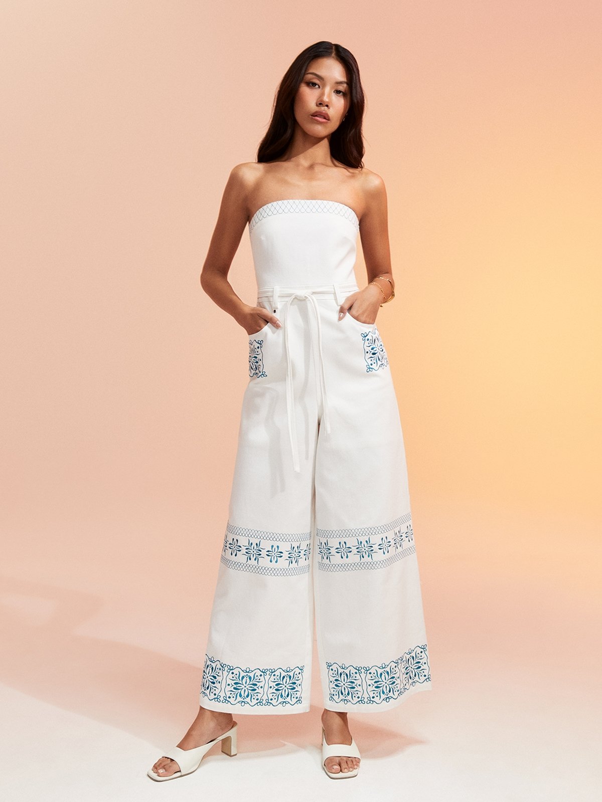 Rope Belt Botanica Printed Long Jumpsuits White Pomelo Fashion