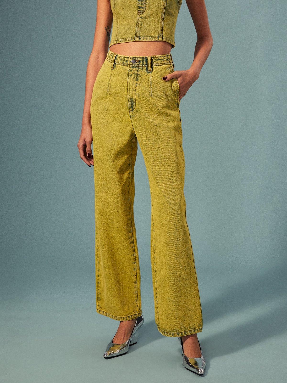 High Waist Flared Jeans Green Yellow Pomelo Fashion