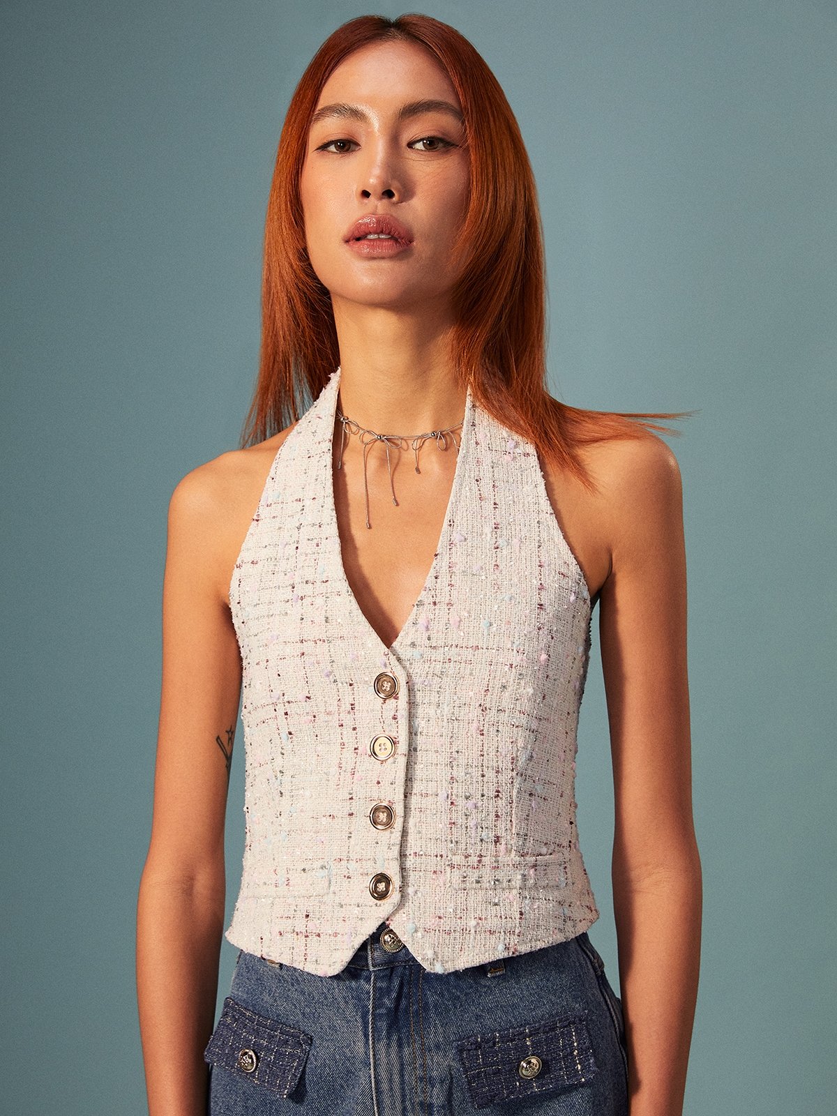 Tweed Vest Multi Color Pomelo Fashion