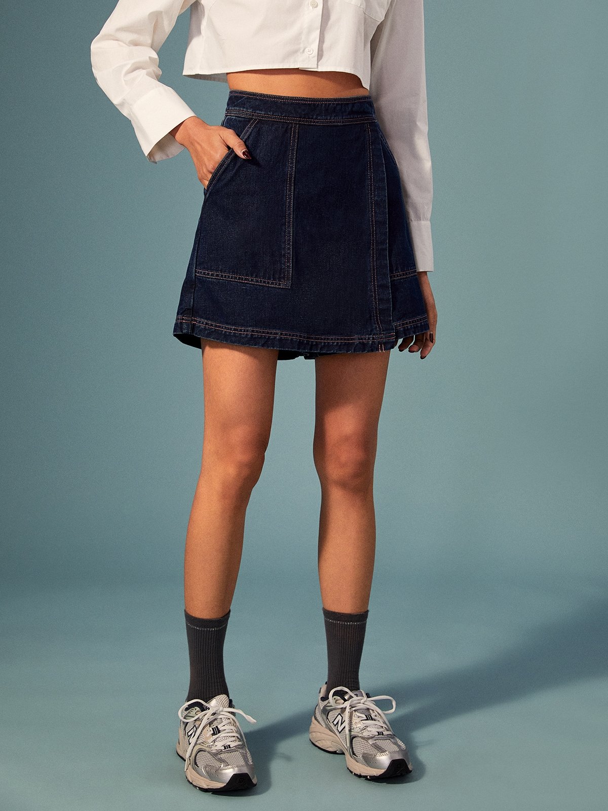 pomelo Pomelo Wrap Denim Skorts - Dark Blue