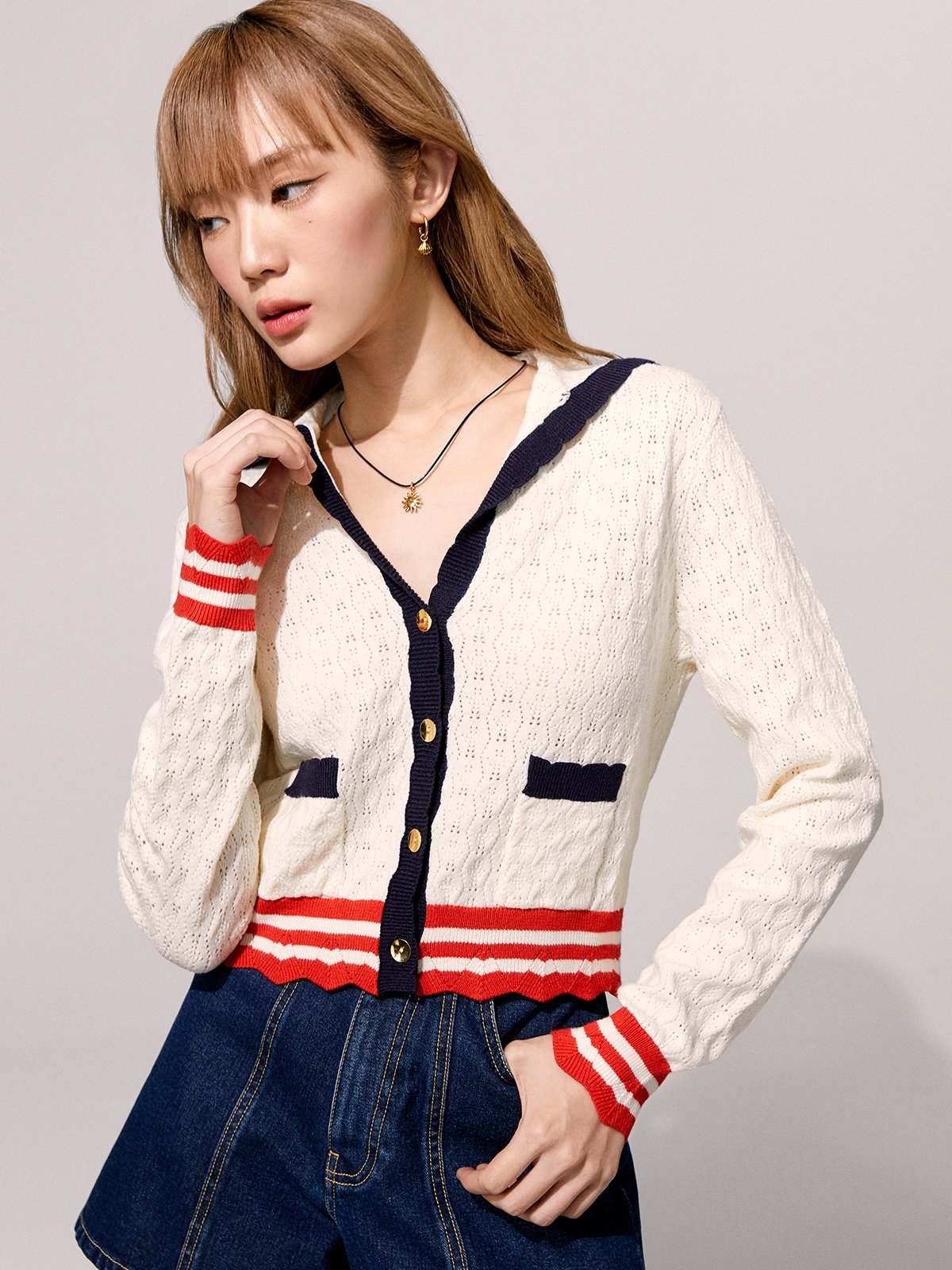 Sailor Collar Eyelet Detail Knitted Cardigan - Ivory - Pomelo Fashion