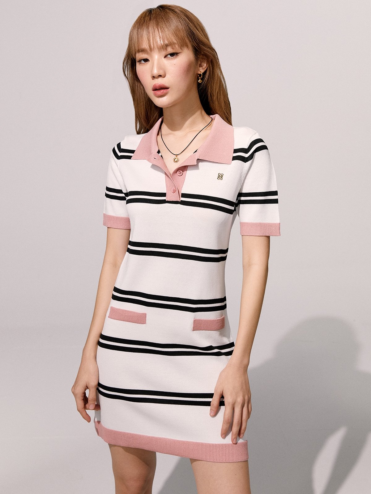 Stripe Knitted Polo Mini Dress Multi Color Pomelo Fashion