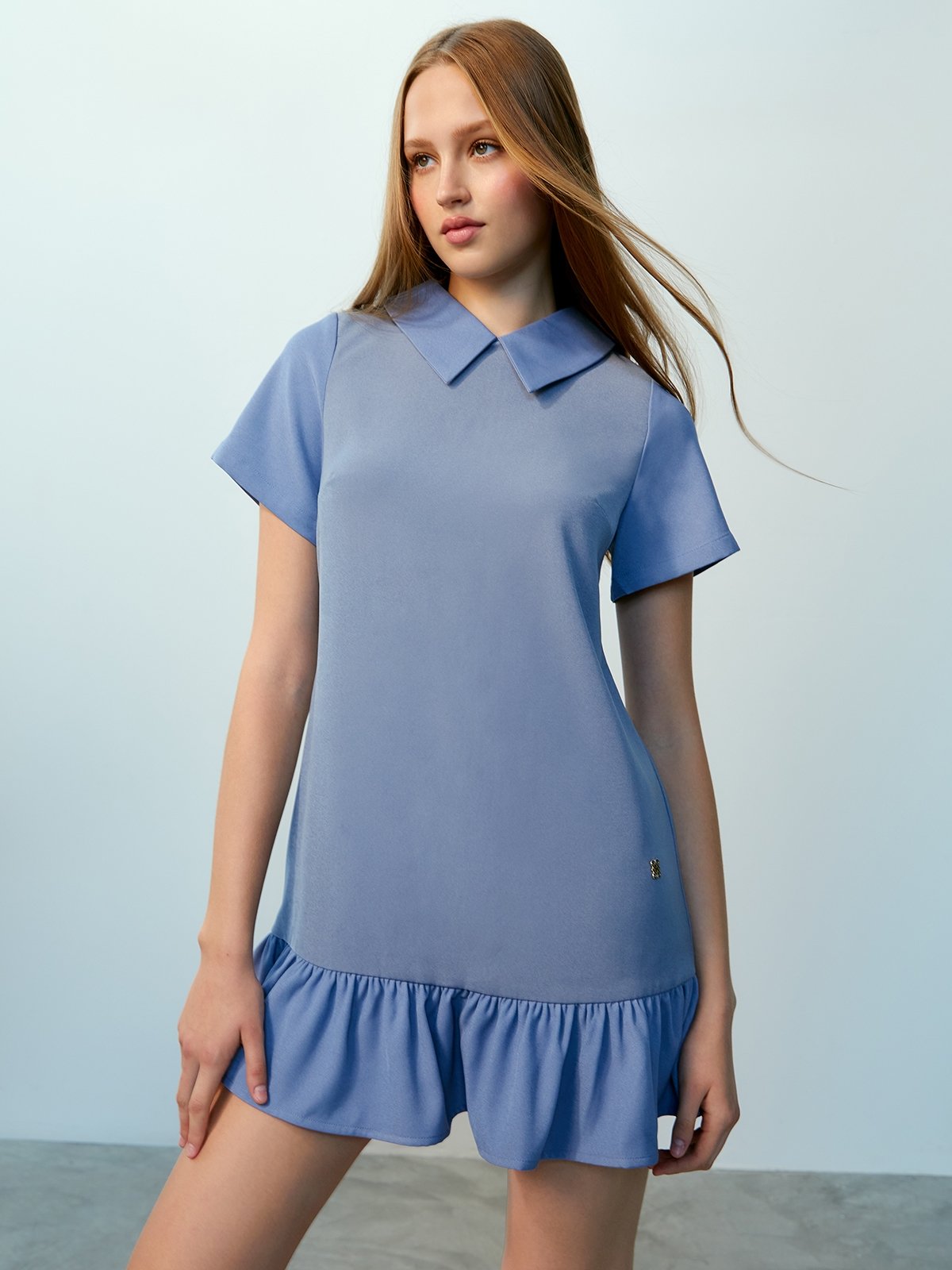 PEARL TRIM LONG SLEEVE MINI DRESS IN BLUE