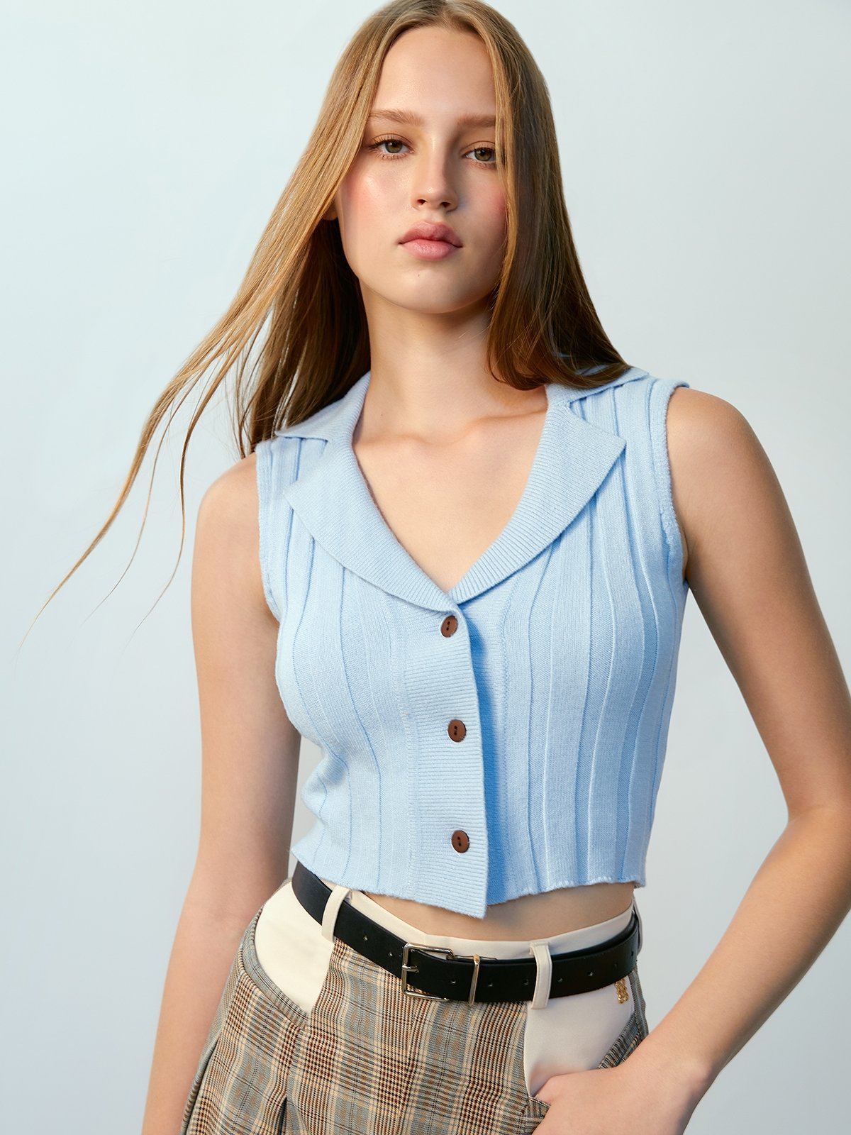 Ribbed Knit Sleeveless Top Light Blue Pomelo Fashion