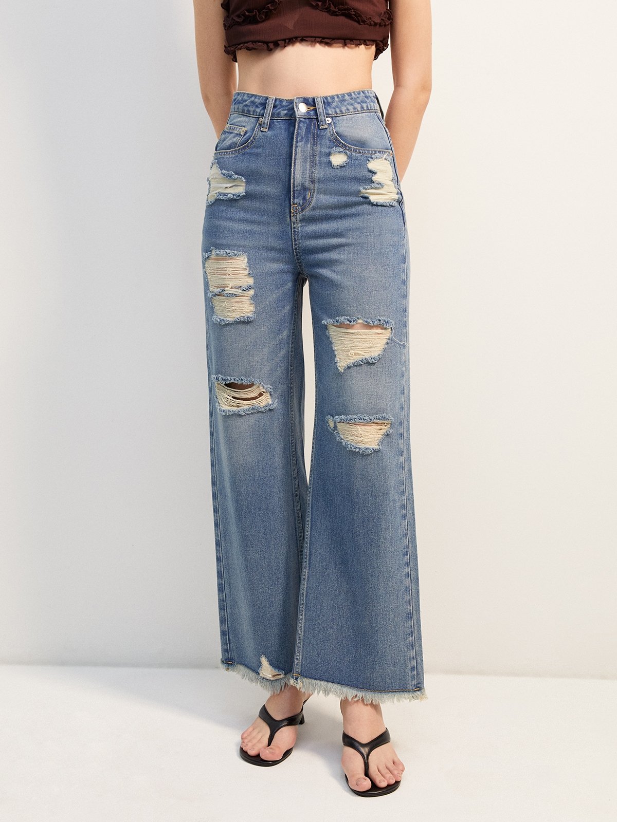 Ripped Wide Leg Jeans Baby Blue Pomelo Fashion