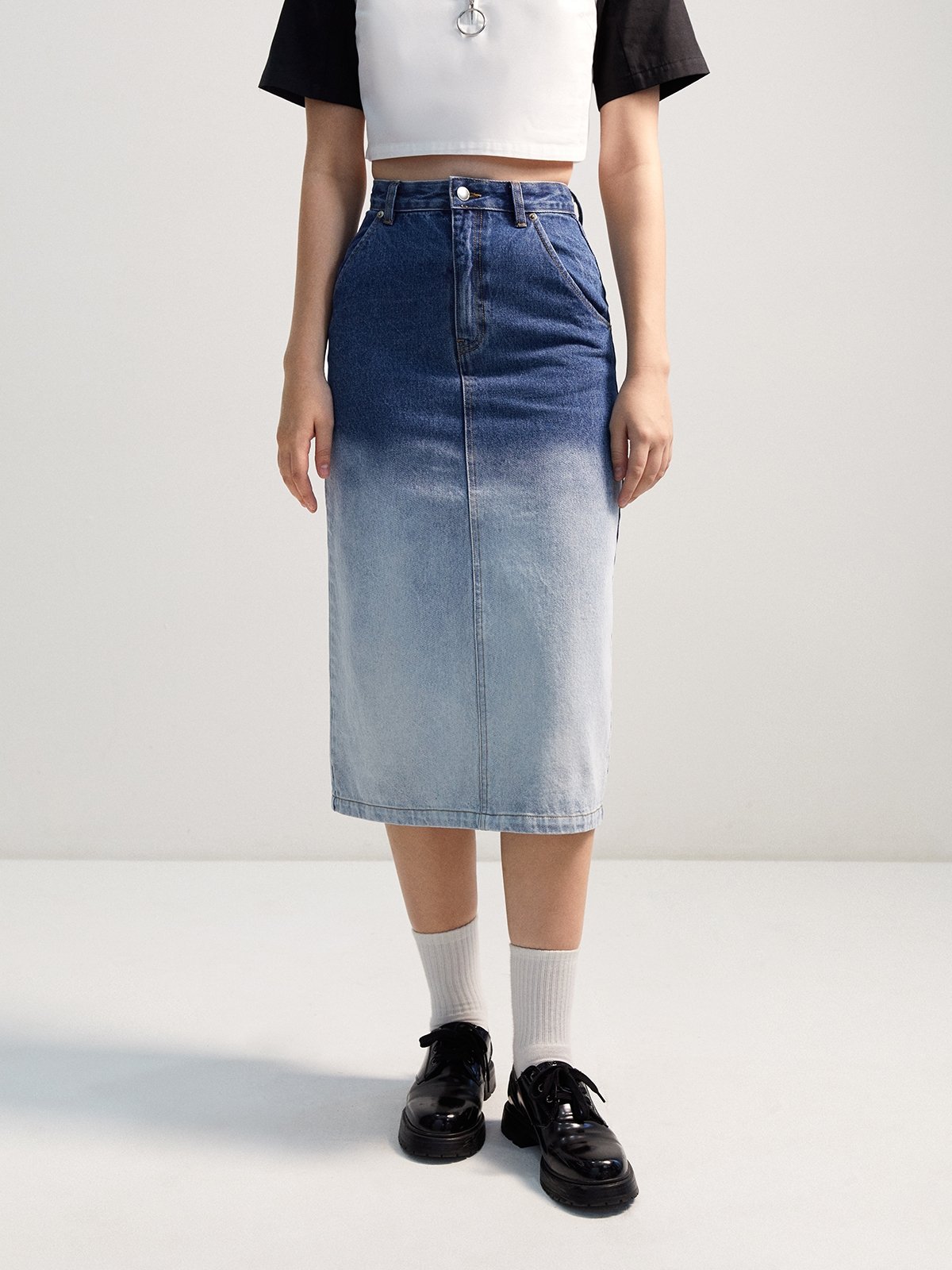Ombre Denim Pencil Skirt Blue Pomelo Fashion