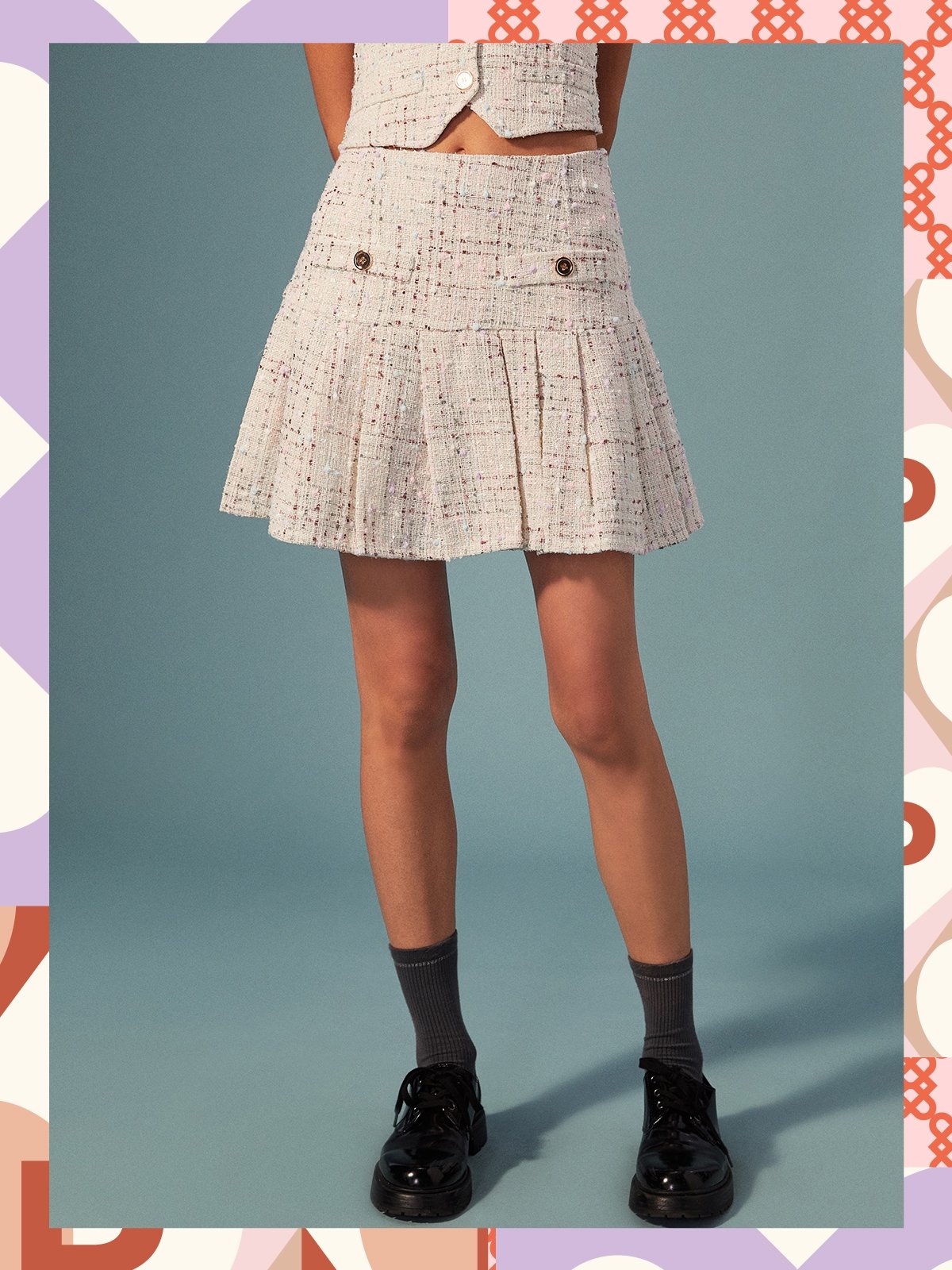 Pockets Detail Tweed Pleated Mini Skirt Multi Color Pomelo Fashion