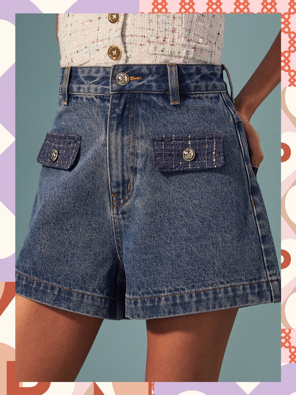 Tweed Pockets Detail Denim Shorts Blue Pomelo Fashion