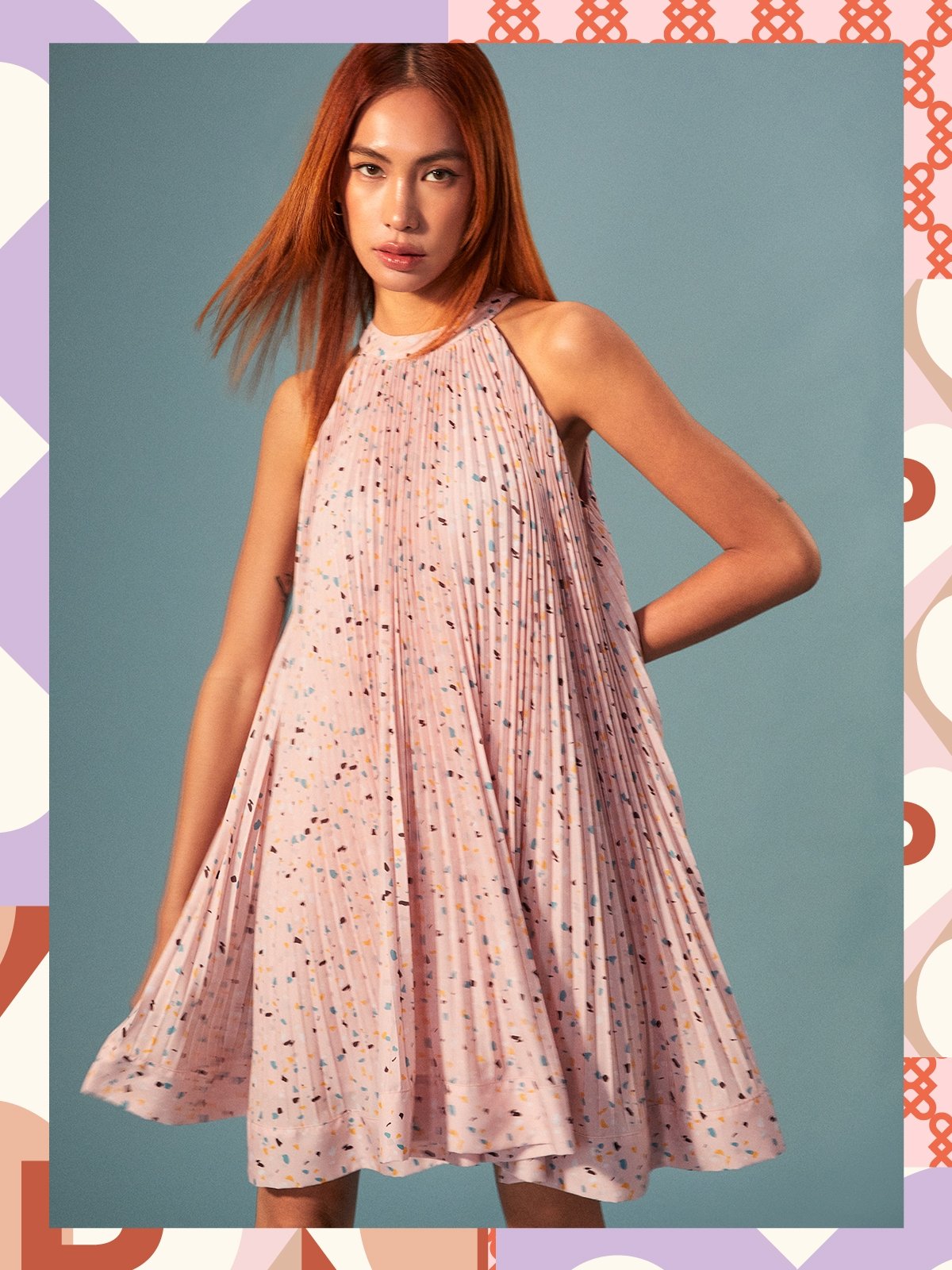 Confetti Print Pleated Mini Dress Multi Color