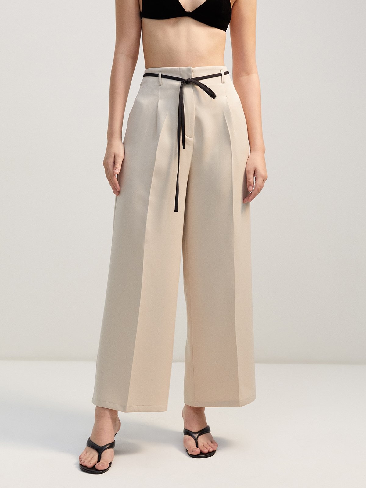Wide leg pants with tie belt on sale