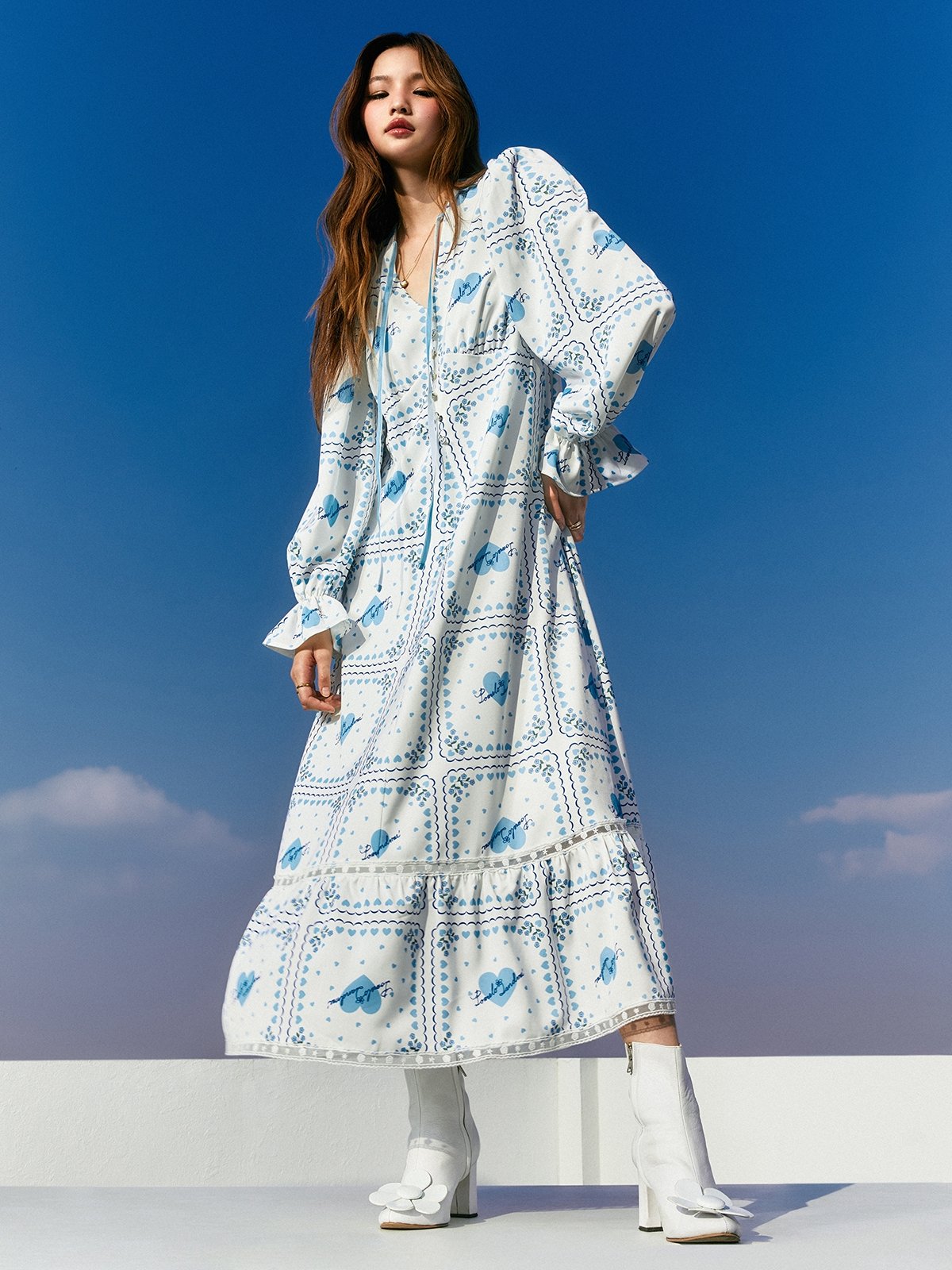 Pomelo. x Landmee Heart Printed Bow Tie Neckline Long Sleeve Midi Dress White Pomelo Fashion