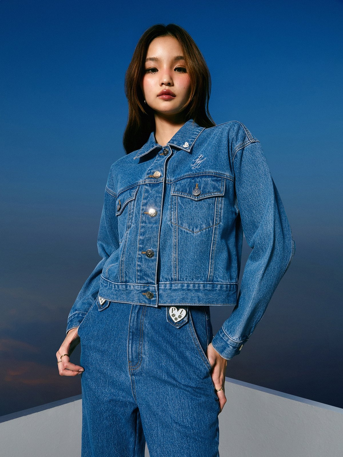 Pomelo. x Landmee Embroidery Detail Denim Jacket Blue Pomelo Fashion