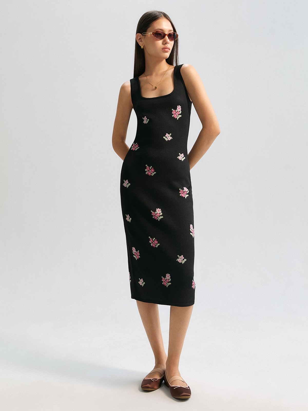 Floral Printed Square Neck Knitted Midi Dress - Black - Pomelo Fashion