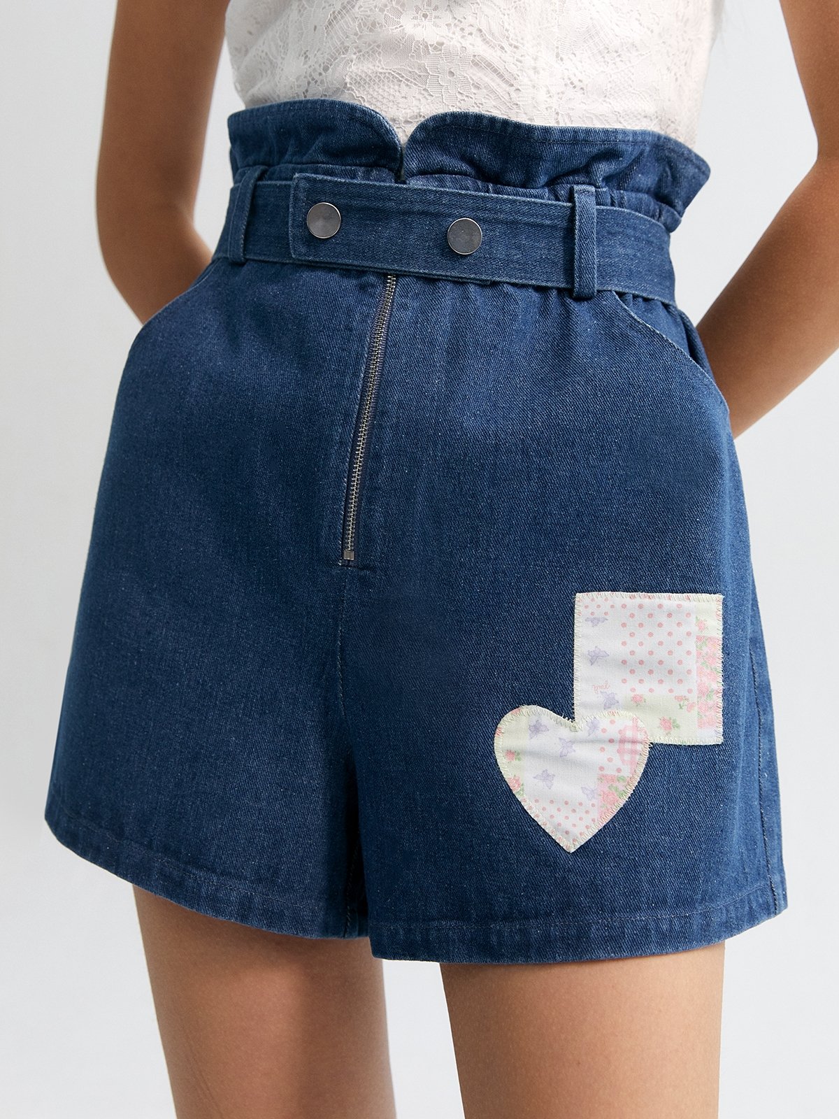 Ruffled Denim Shorts with Heart Shaped Patchwork Detail Blue Pomelo Fashion