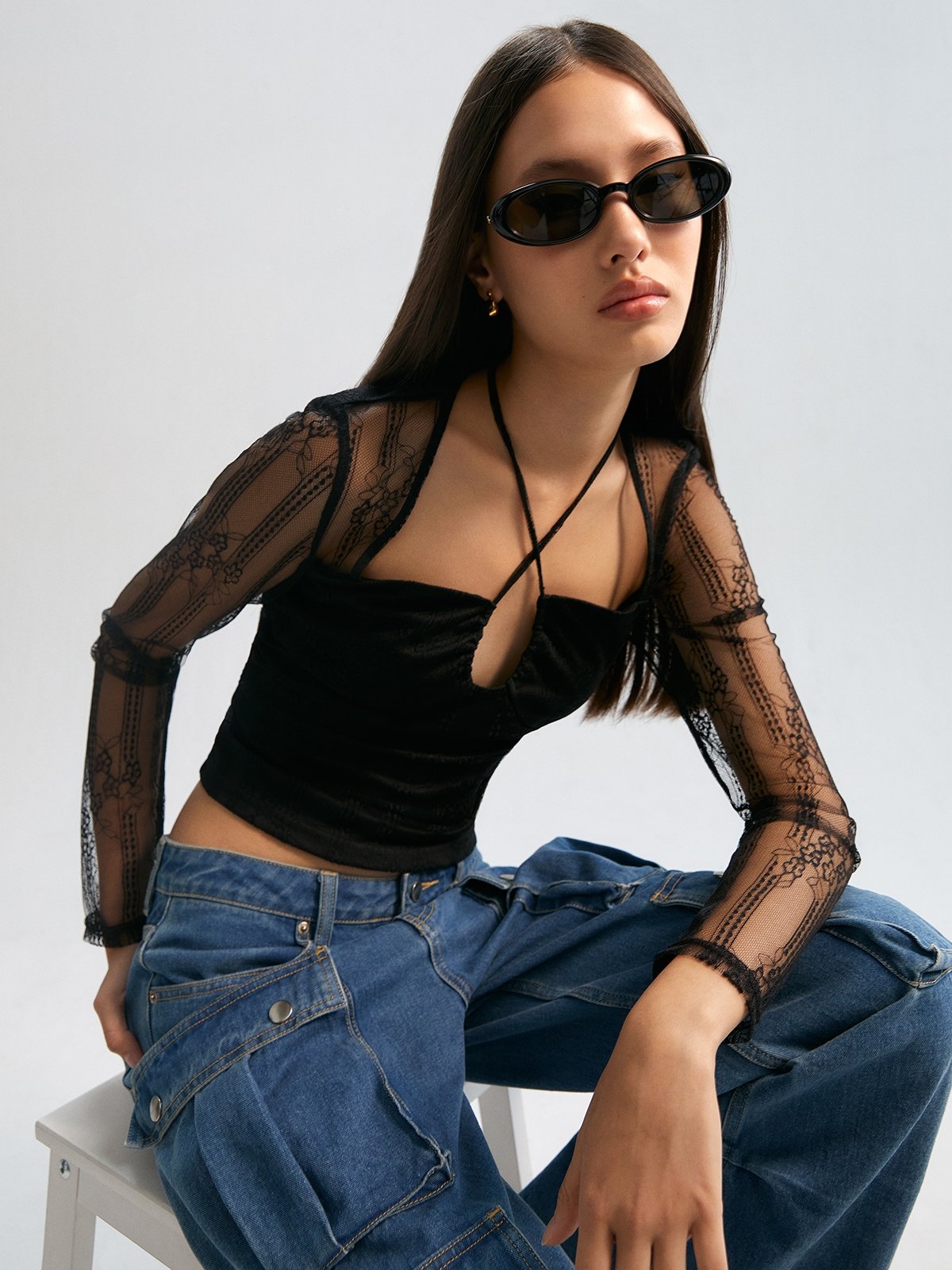 Lace Mesh Long Sleeve Blouse Black Pomelo Fashion