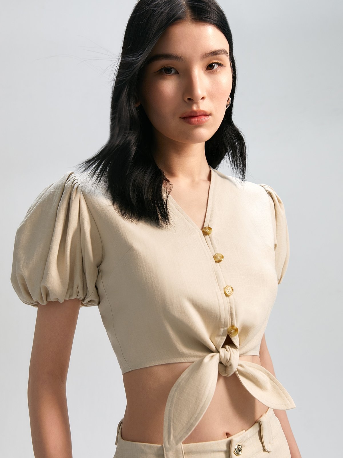 Puffed Sleeve Tie-Front Button Blouse - Beige - Pomelo Fashion