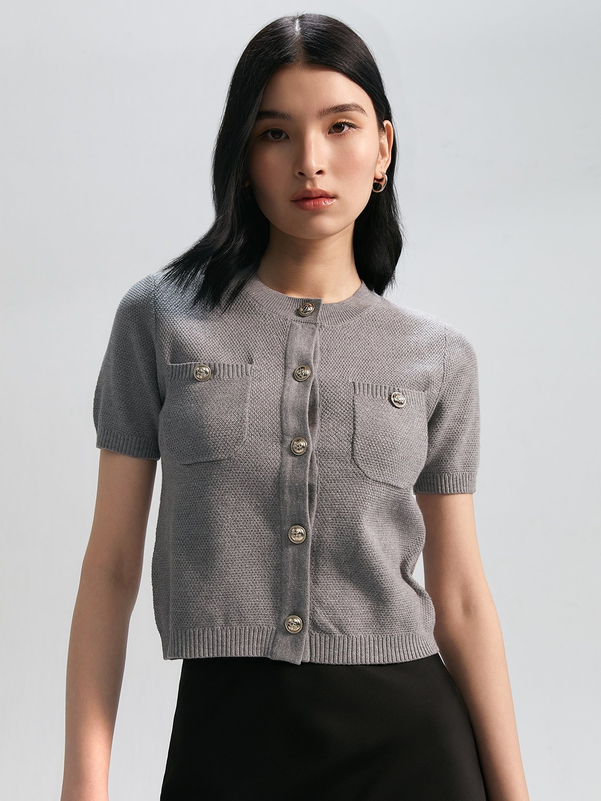 Gold Button Detail Short Sleeve Cardigan Mid Grey Pomelo Fashion