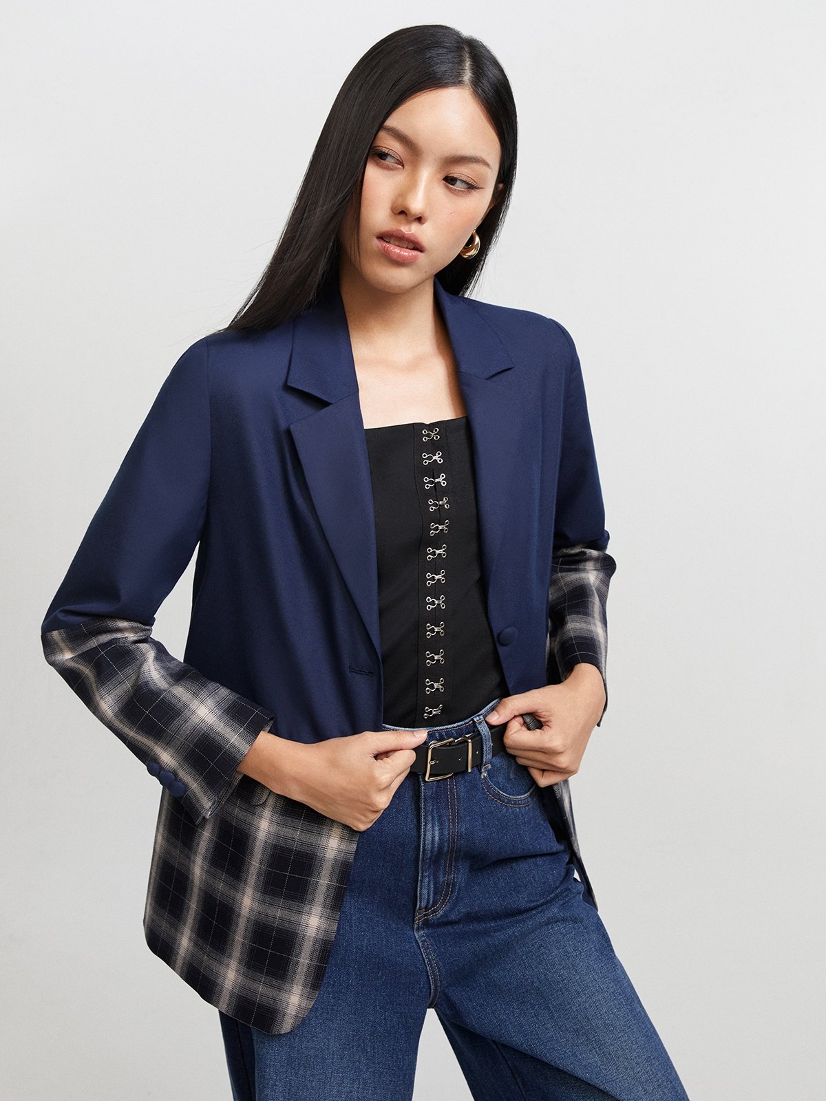 Navy blue plaid blazer shop