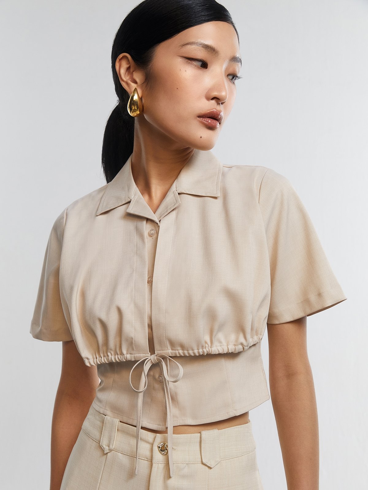 Tie-Front Double Layer Cropped Blouse with Ruched Detail